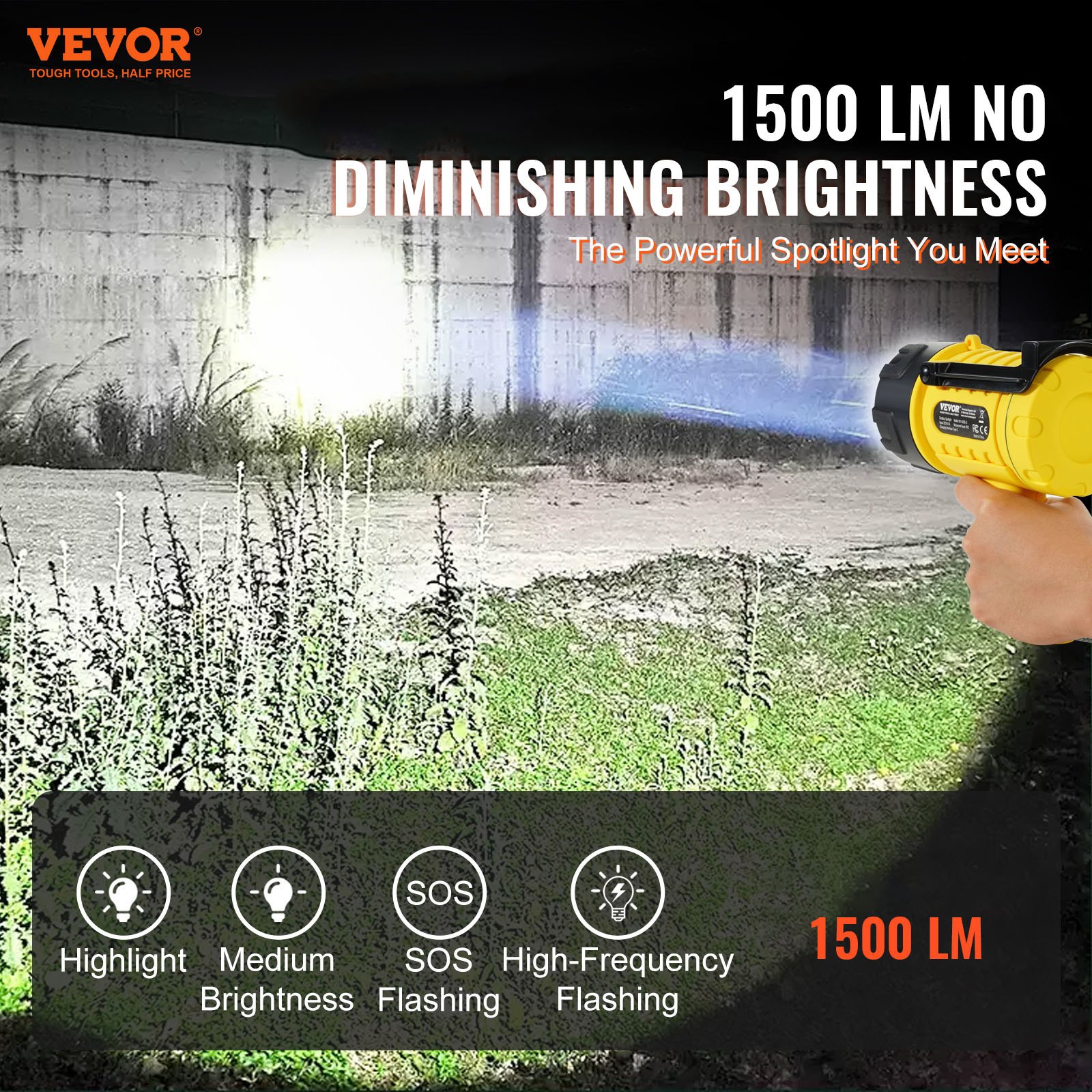 VEVOR Rechargeable Spotlight Flashlight, 1000,000 Lumens, IP67 Waterproof Handheld LED Spot Light, Super Bright Portable Searchlight with 4 Modes Detachable Lens USB Port, for Hunting Boating Camping