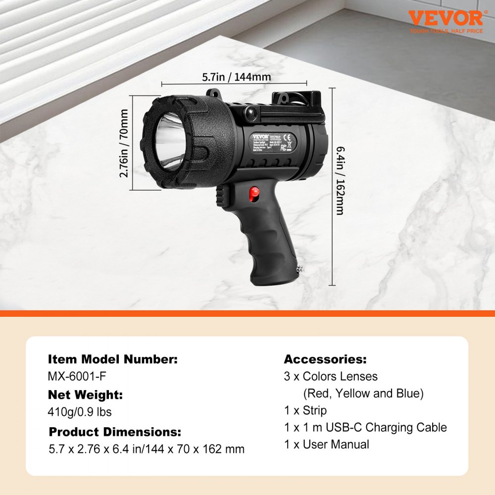 VEVOR Rechargeable Spotlight Flashlight, 200,000 Lumens, IP67 Waterproof Handheld LED Spot Light, Super Bright Portable Searchlight with 4 Modes Detachable Lens USB Port, for Hunting Boating Camping