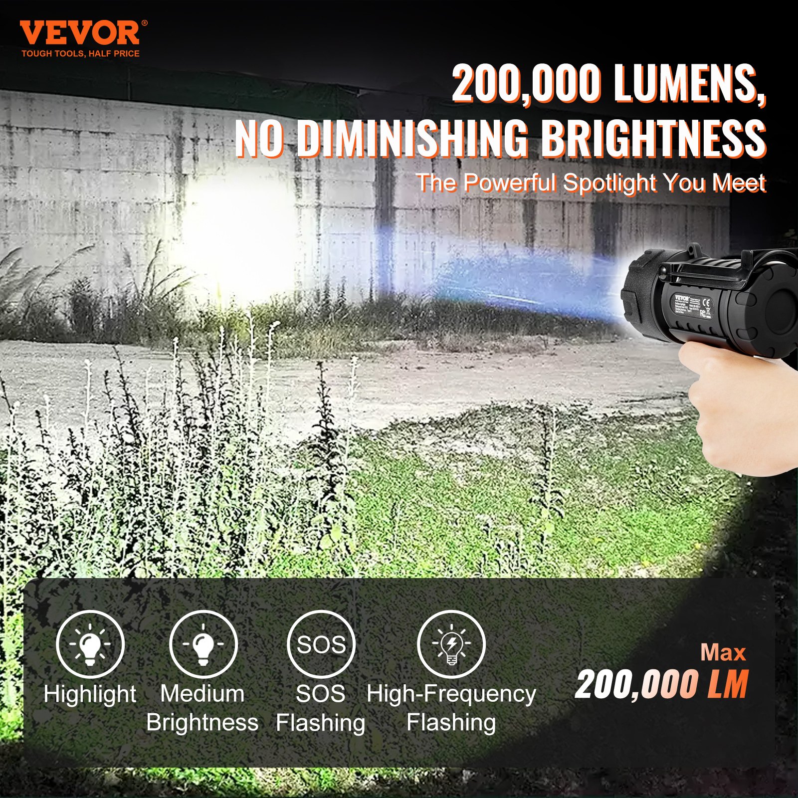 VEVOR Rechargeable Spotlight Flashlight, 200,000 Lumens, IP67 Waterproof Handheld LED Spot Light, Super Bright Portable Searchlight with 4 Modes Detachable Lens USB Port, for Hunting Boating Camping