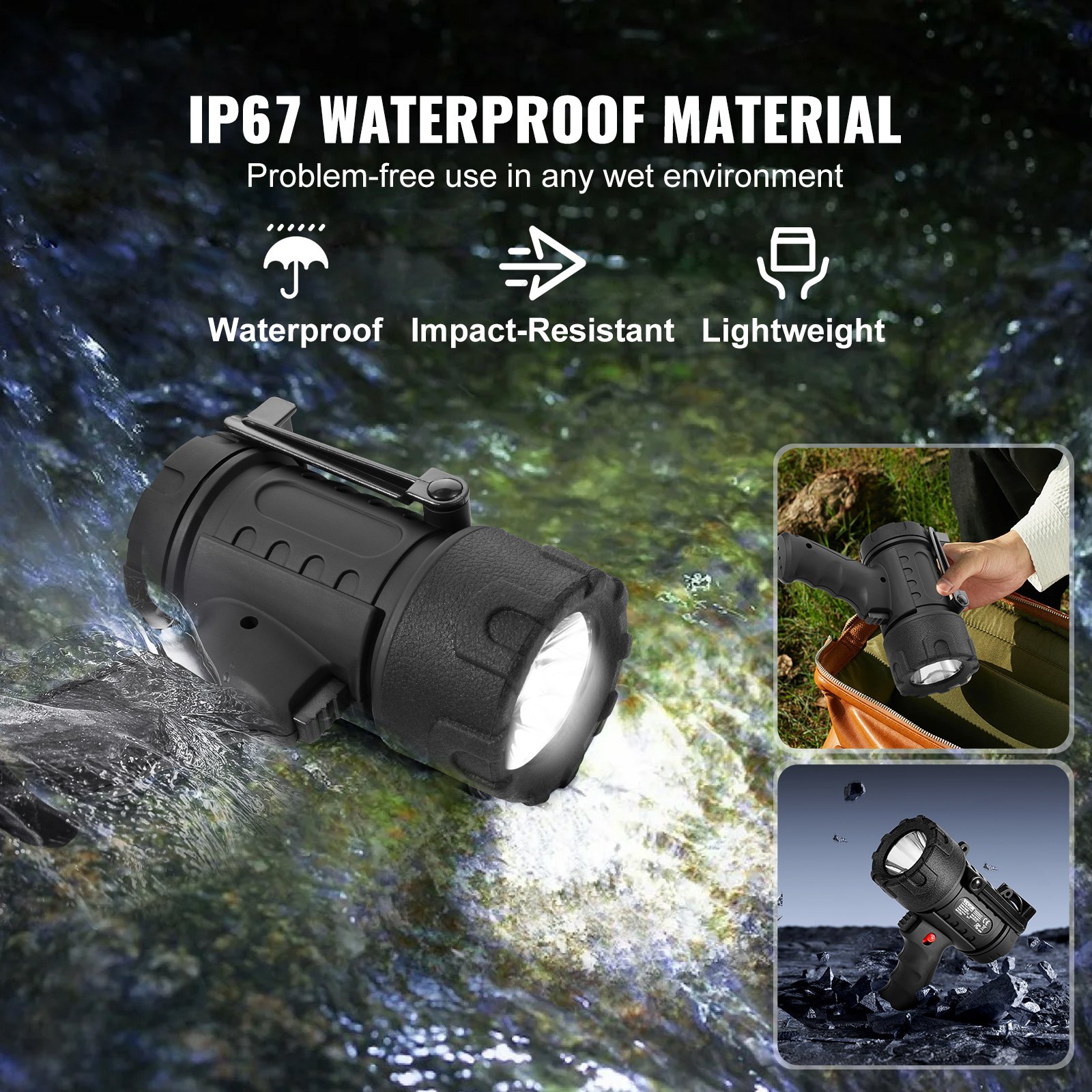 VEVOR Rechargeable Spotlight Flashlight, 200,000 Lumens, IP67 Waterproof Handheld LED Spot Light, Super Bright Portable Searchlight with 4 Modes Detachable Lens USB Port, for Hunting Boating Camping