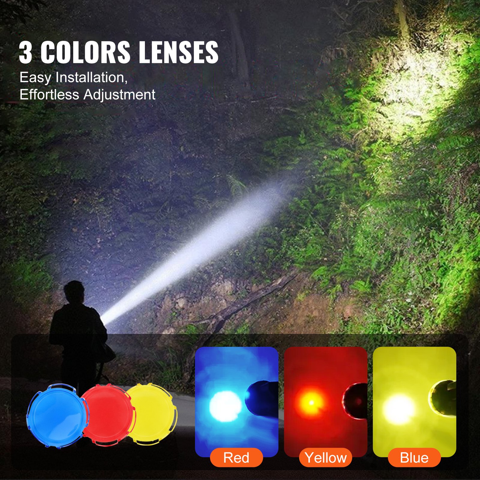 VEVOR Rechargeable Spotlight Flashlight, 200,000 Lumens, IP67 Waterproof Handheld LED Spot Light, Super Bright Portable Searchlight with 4 Modes Detachable Lens USB Port, for Hunting Boating Camping