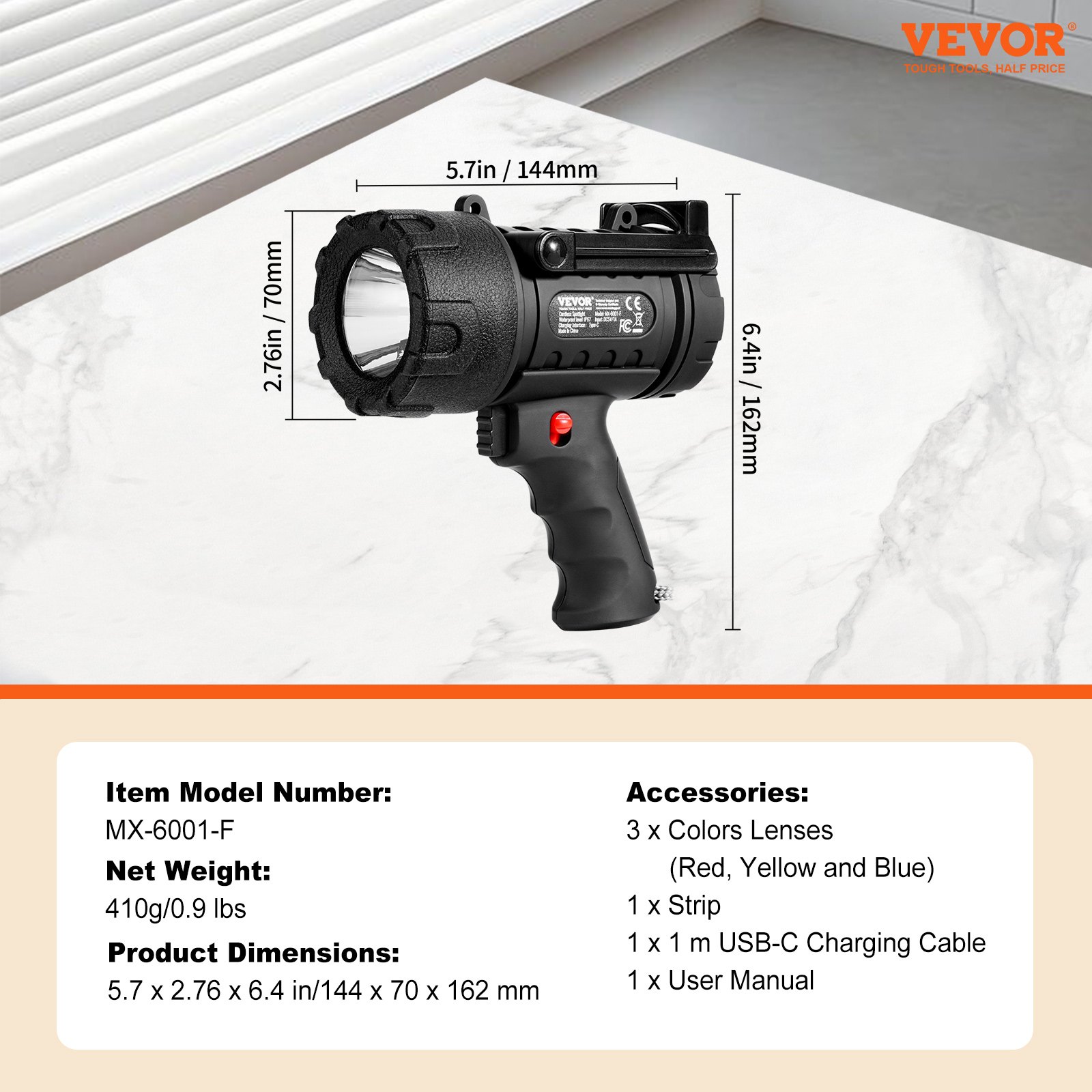 VEVOR Rechargeable Spotlight Flashlight, 200,000 Lumens, IP67 Waterproof Handheld LED Spot Light, Super Bright Portable Searchlight with 4 Modes Detachable Lens USB Port, for Hunting Boating Camping