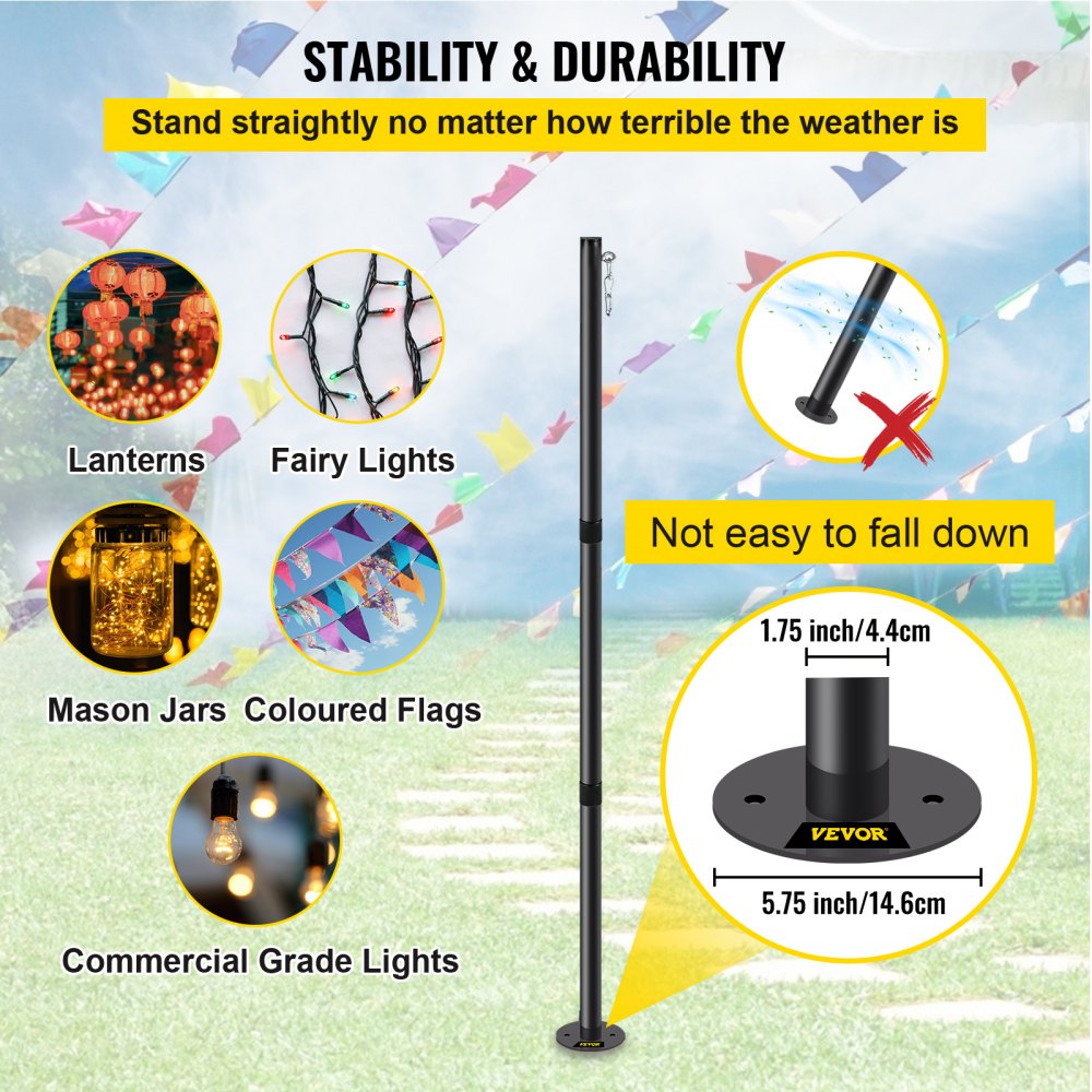 VEVOR String Light Pole String Light Pole Stand for Outdoor 9.6 ft Durable Steel