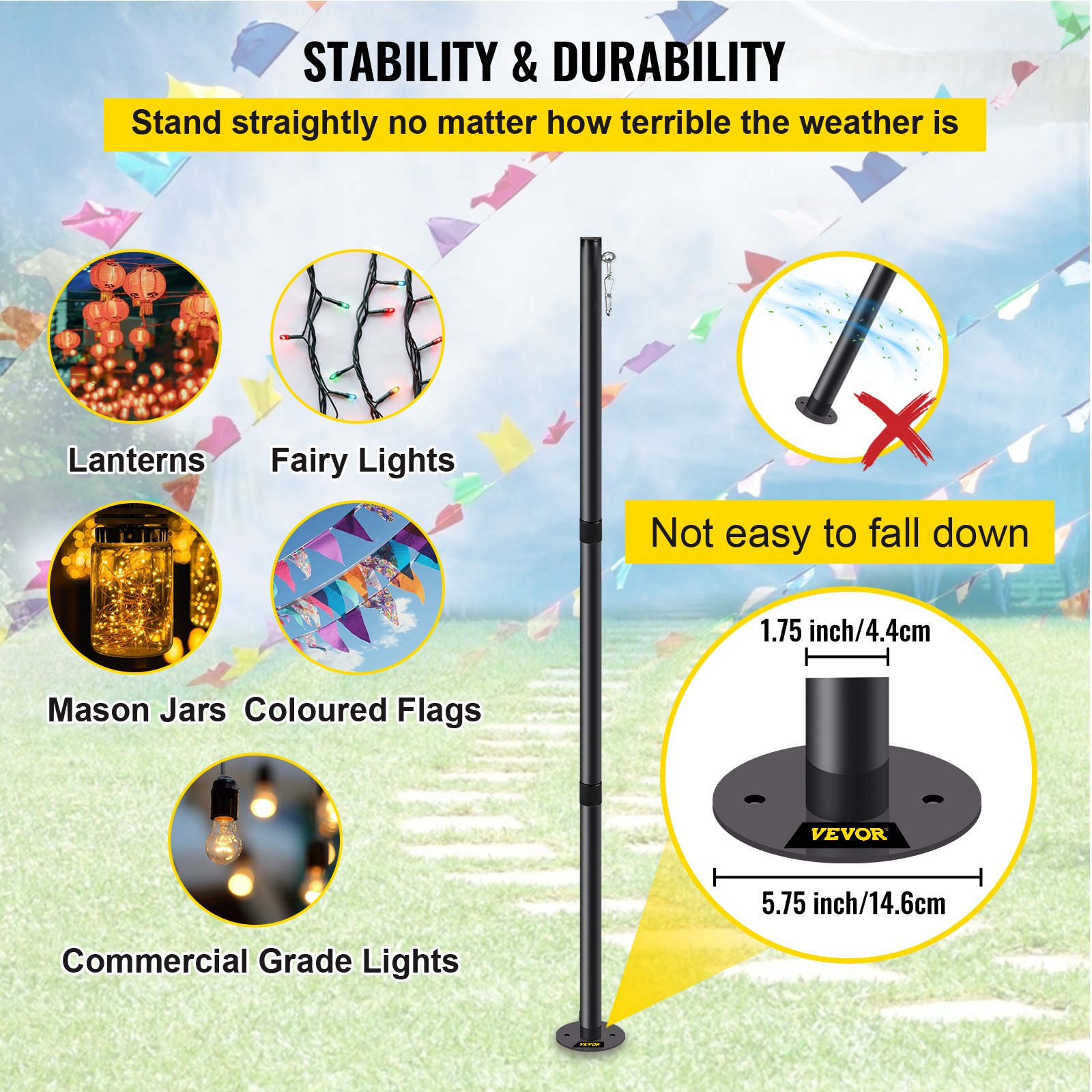 VEVOR String Light Pole String Light Pole Stand for Outdoor 9.6 ft Durable Steel