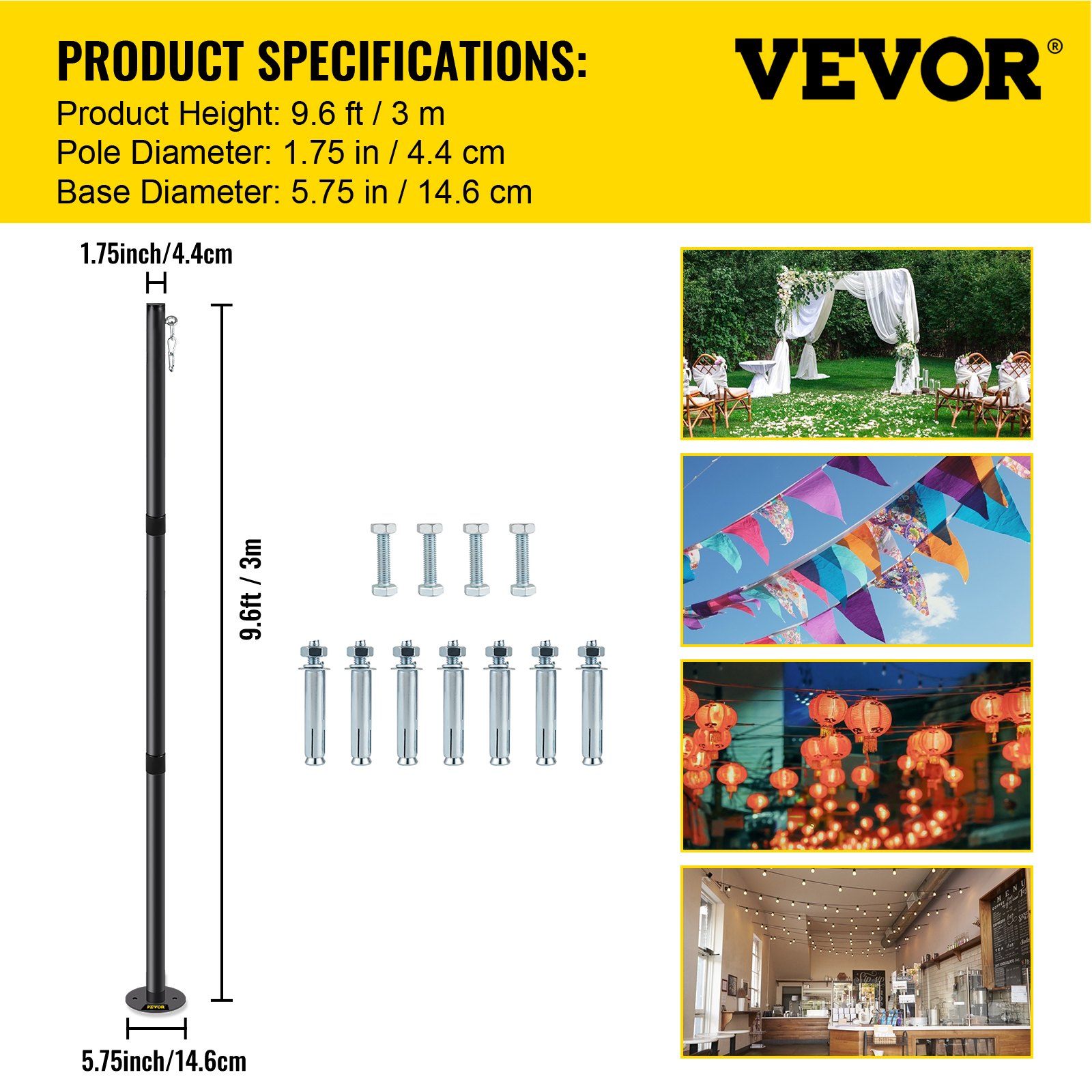 VEVOR String Light Pole String Light Pole Stand for Outdoor 9.6 ft Durable Steel