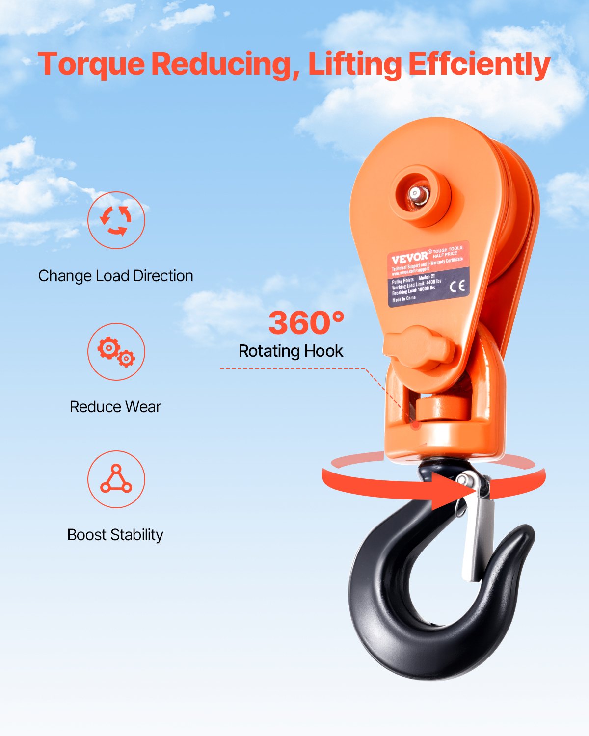VEVOR 2 Ton Snatch Block with Swivel Hook 74 mm Sheave Pulley Lifting Rollback