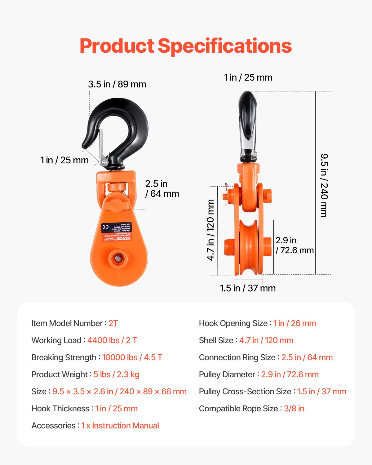 VEVOR 2 Ton Snatch Block with Swivel Hook, 76.2mm Sheave 9.5mm Wire Rope, Heavy Duty Snatch Block Pulley 4400 lbs for Towing and Recovery operations on Tow Truck Rollback Wrecker Car Hauler Winches