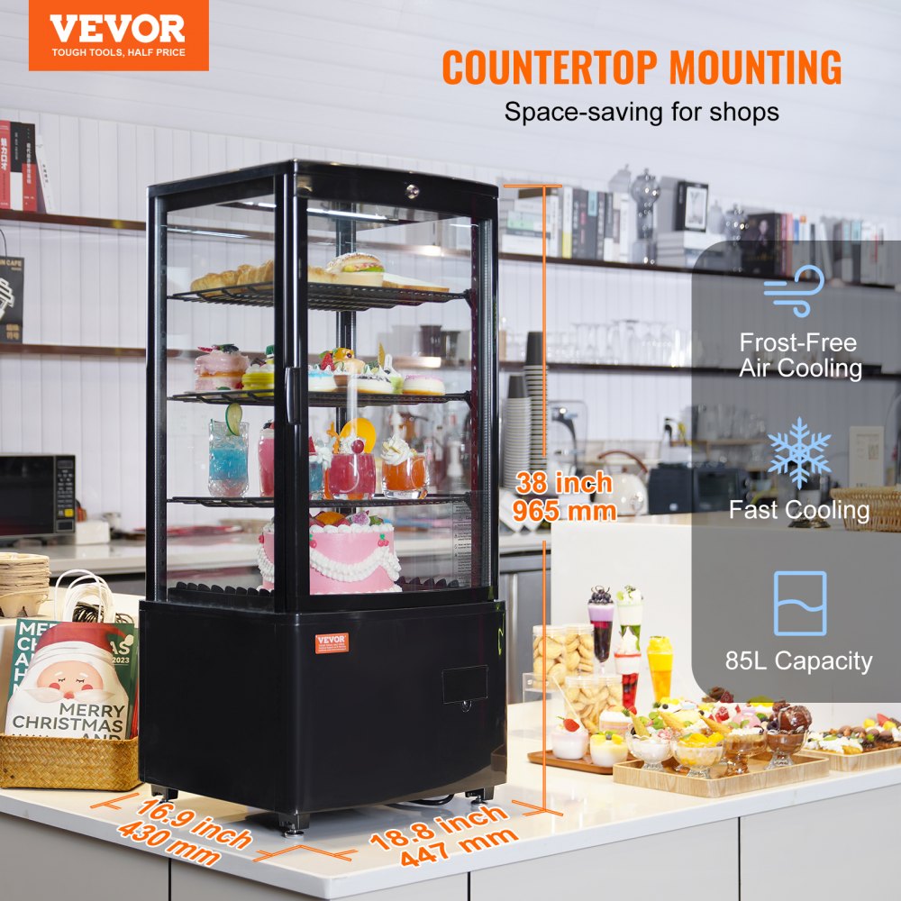 VEVOR Refrigerated Display Case, 3 Cu.Ft/85L, 3-Tier, Countertop Pastry Display Case Commercial Display Refrigerator with LED Lighting, TURBO Cooling, Frost-Free Air-Cooling, Locked Door for Bakery