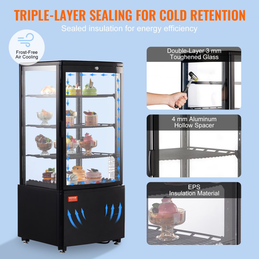 VEVOR Refrigerated Display Case, 3 Cu.Ft/85L, 3-Tier, Countertop Pastry Display Case Commercial Display Refrigerator with LED Lighting, TURBO Cooling, Frost-Free Air-Cooling, Locked Door for Bakery
