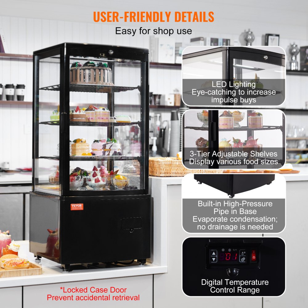 VEVOR Refrigerated Display Case, 3 Cu.Ft/85L, 3-Tier, Countertop Pastry Display Case Commercial Display Refrigerator with LED Lighting, TURBO Cooling, Frost-Free Air-Cooling, Locked Door for Bakery