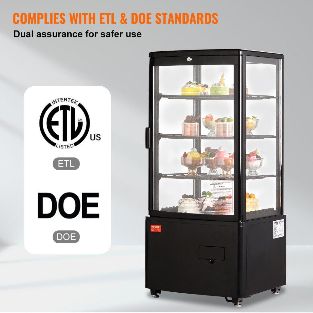 VEVOR Refrigerated Display Case, 3 Cu.Ft/85L, 3-Tier, Countertop Pastry Display Case Commercial Display Refrigerator with LED Lighting, TURBO Cooling, Frost-Free Air-Cooling, Locked Door for Bakery