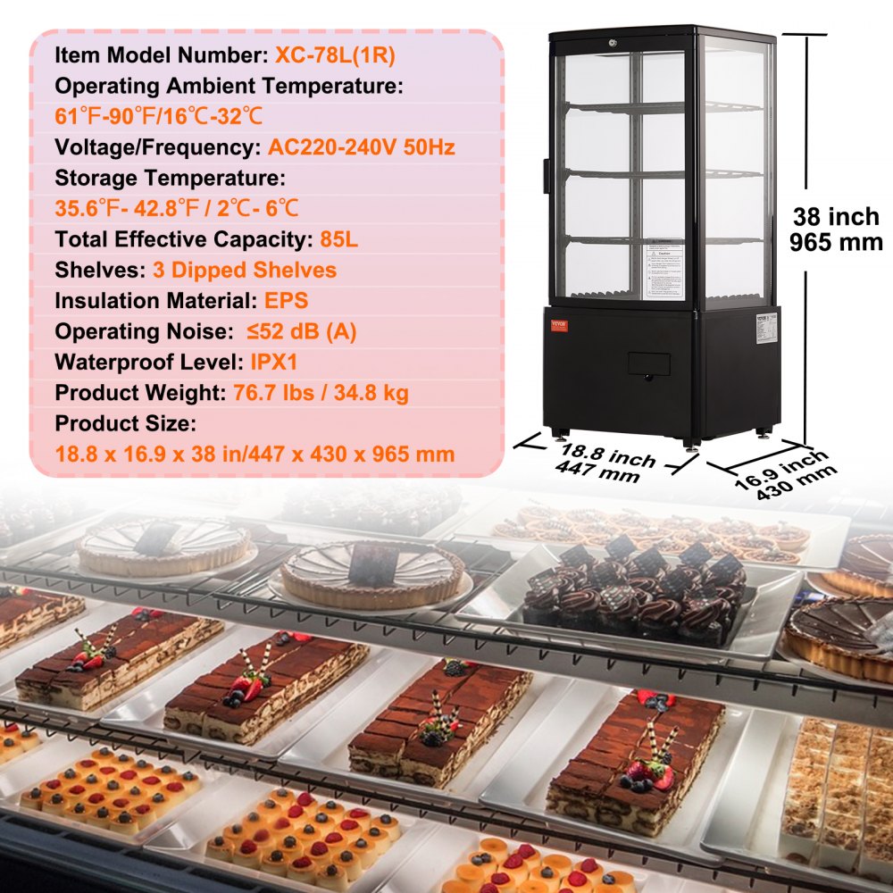 VEVOR Refrigerated Display Case, 3 Cu.Ft/85L, 3-Tier, Countertop Pastry Display Case Commercial Display Refrigerator with LED Lighting, TURBO Cooling, Frost-Free Air-Cooling, Locked Door for Bakery