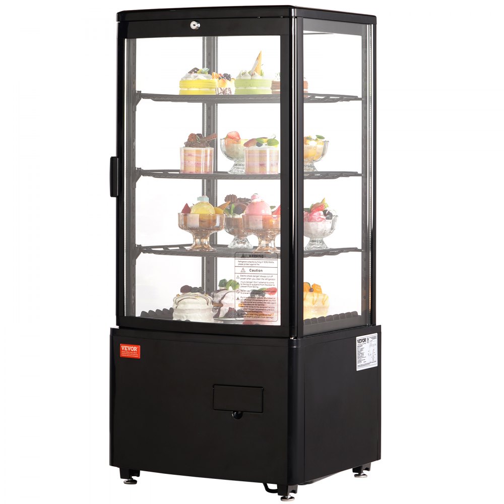 VEVOR Refrigerated Display Case, 3 Cu.Ft/85L, 3-Tier, Countertop Pastry Display Case Commercial Display Refrigerator with LED Lighting, TURBO Cooling, Frost-Free Air-Cooling, Locked Door for Bakery