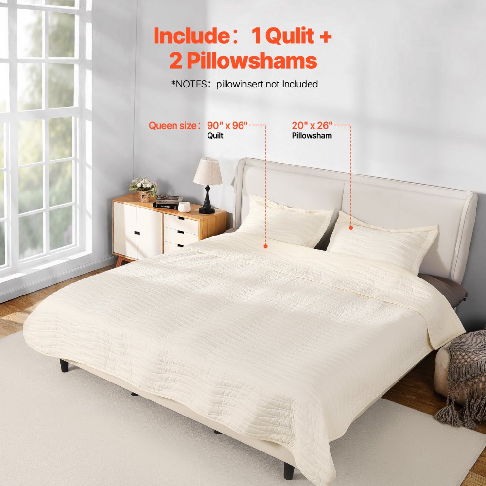 VEVOR Queen Quilt Set, 3-Piece Lightweight Comforter, Microfiber Queen Size Bedding Set, Beige Bedspreads with 1 Quilt and 2 Pillow Shams, Lightweight Bedspread Coverlet Bedding Set, for All Season