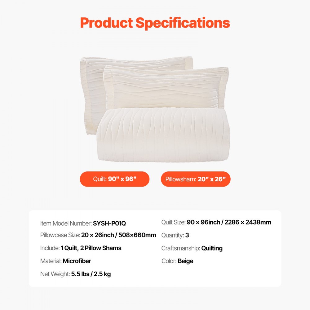 VEVOR Queen Quilt Set, 3-Piece Lightweight Comforter, Microfiber Queen Size Bedding Set, Beige Bedspreads with 1 Quilt and 2 Pillow Shams, Lightweight Bedspread Coverlet Bedding Set, for All Season