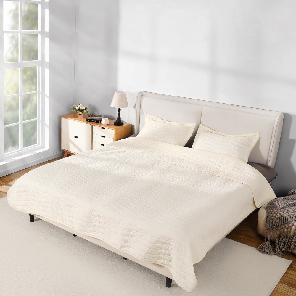 VEVOR Queen Quilt Set, 3-Piece Lightweight Comforter, Microfiber Queen Size Bedding Set, Beige Bedspreads with 1 Quilt and 2 Pillow Shams, Lightweight Bedspread Coverlet Bedding Set, for All Season