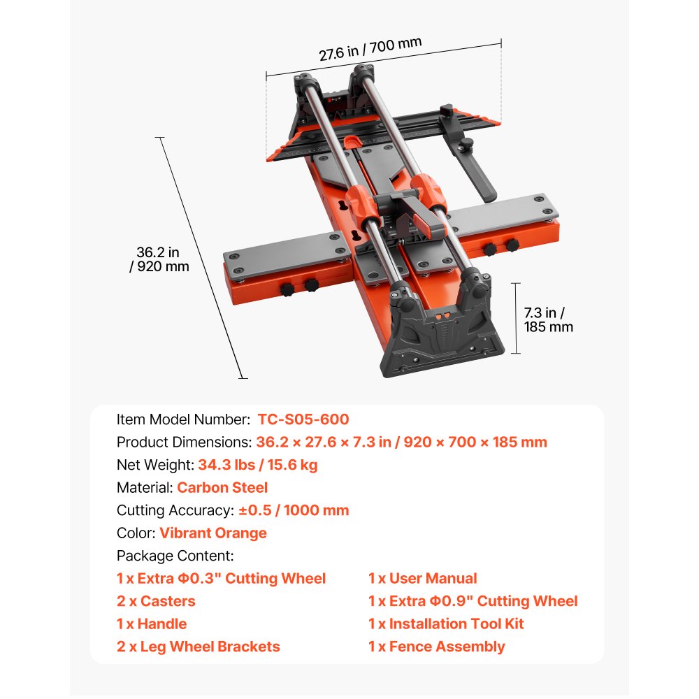 VEVOR 600 mm Manual Tile Cutter, Upgraded Sliding Head Cutting Tool with Spring-Loaded Base, Angle Fence, Tungsten Carbide Cutting Wheel, Alignment Guide, for DIY Pros, Ceramic, Floor & Wall Tiles