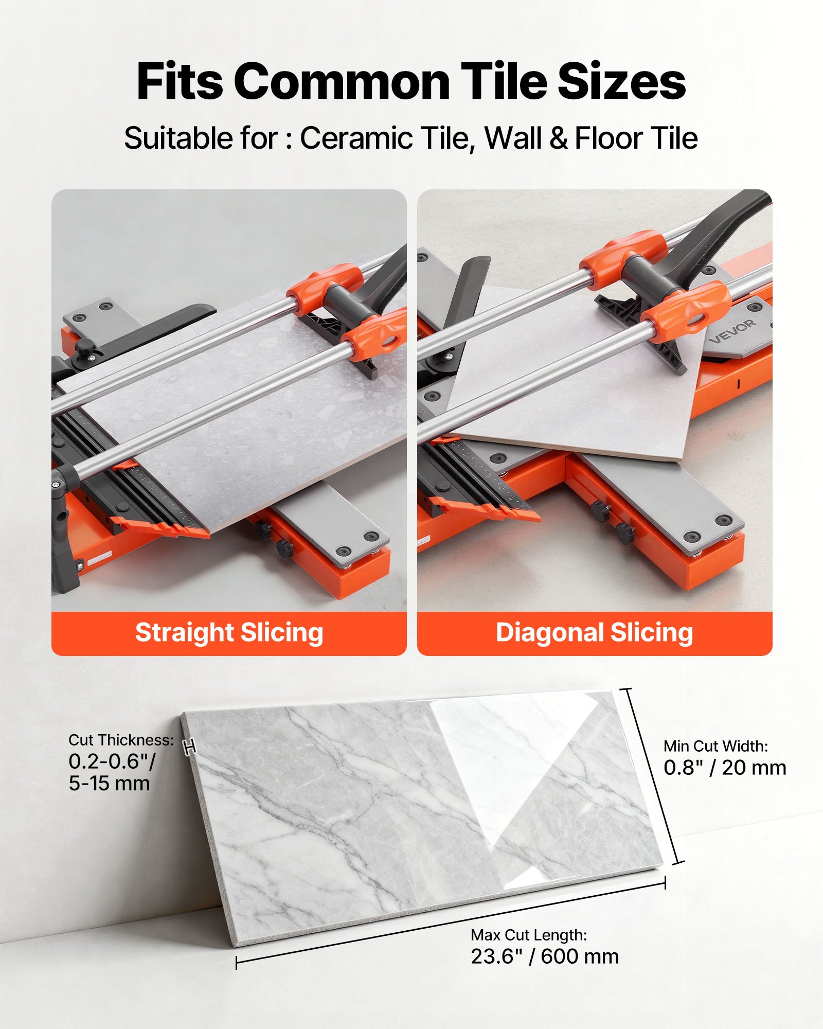 VEVOR 600 mm Manual Tile Cutter, Upgraded Sliding Head Cutting Tool with Spring-Loaded Base, Angle Fence, Tungsten Carbide Cutting Wheel, Alignment Guide, for DIY Pros, Ceramic, Floor & Wall Tiles