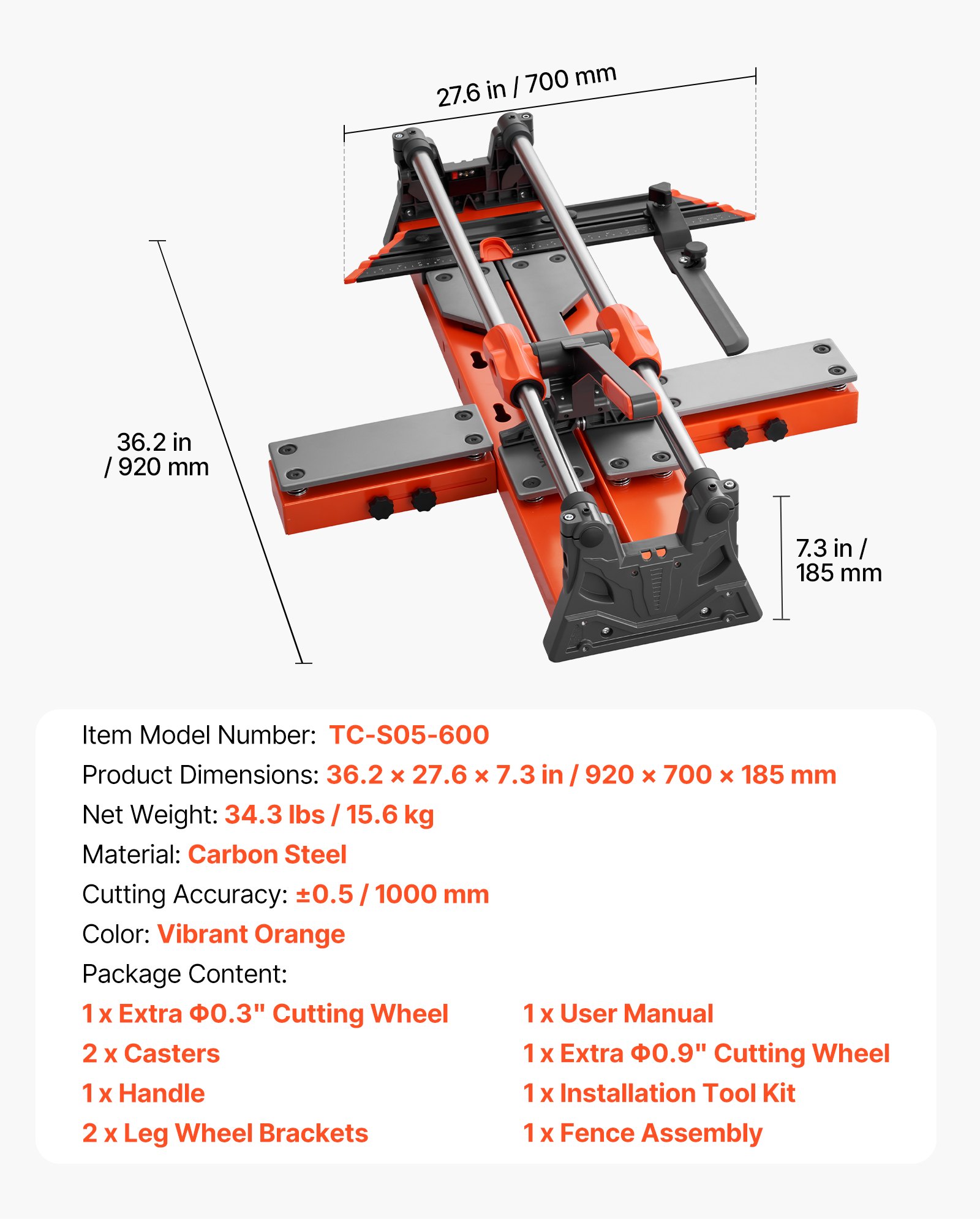 VEVOR 600 mm Manual Tile Cutter, Upgraded Sliding Head Cutting Tool with Spring-Loaded Base, Angle Fence, Tungsten Carbide Cutting Wheel, Alignment Guide, for DIY Pros, Ceramic, Floor & Wall Tiles