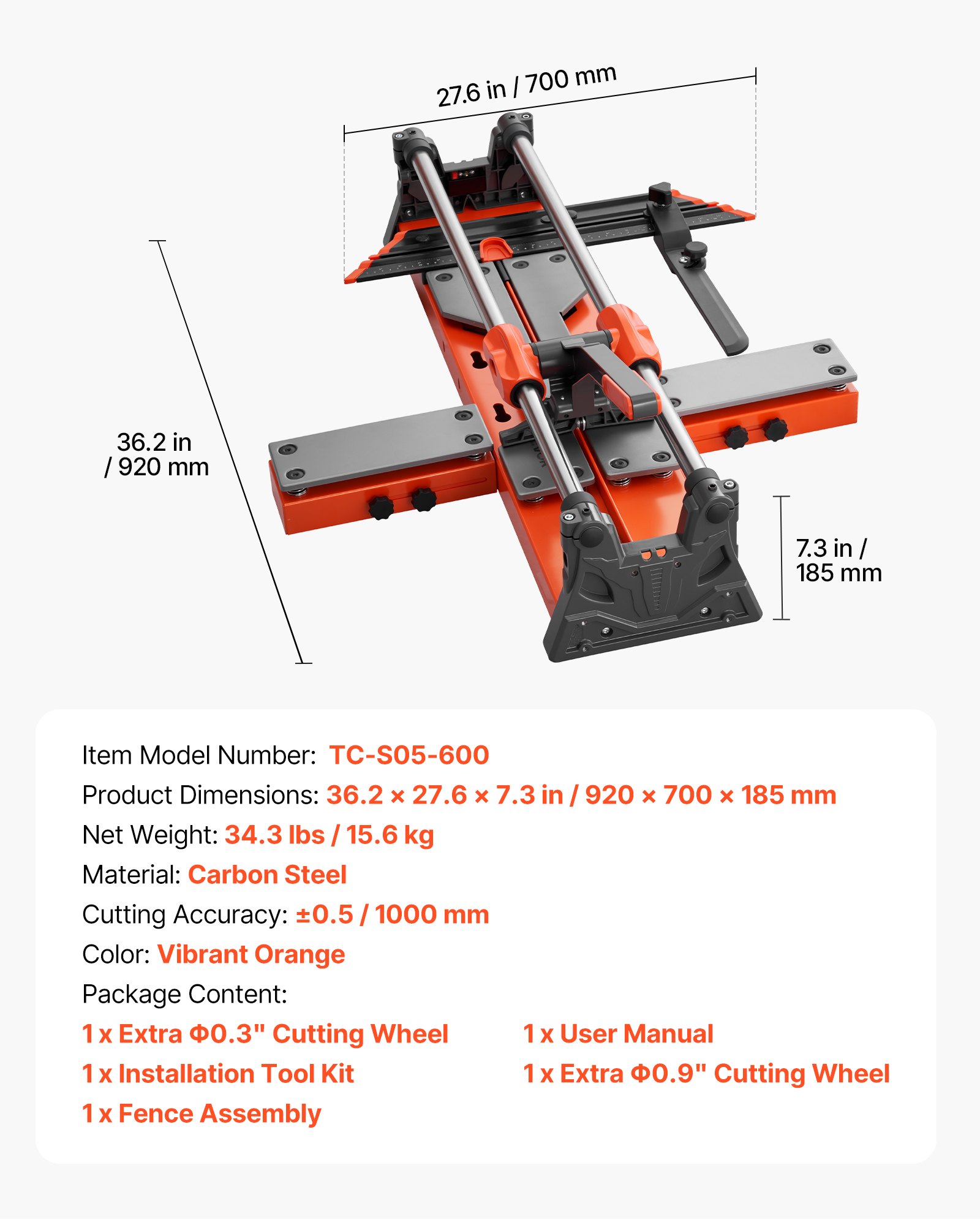VEVOR 600 mm Manual Tile Cutter, Upgraded Sliding Head Cutting Tool with Spring-Loaded Base, Angle Fence, Tungsten Carbide Cutting Wheel, Alignment Guide, for DIY Pros, Ceramic, Floor & Wall Tiles