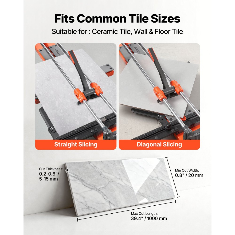 VEVOR 1000 mm Manual Tile Cutter, Upgraded Sliding Head Cutting Tool with Spring-Loaded Base, Angle Fence, Tungsten Carbide Cutting Wheel, Alignment Guide, for DIY Pros, Ceramic, Floor & Wall Tiles