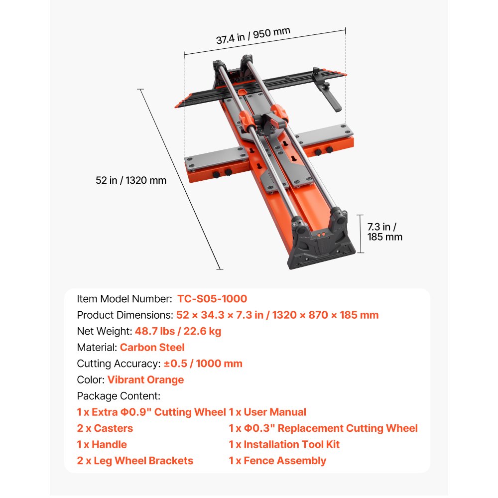 VEVOR 1000 mm Manual Tile Cutter, Upgraded Sliding Head Cutting Tool with Spring-Loaded Base, Angle Fence, Tungsten Carbide Cutting Wheel, Alignment Guide, for DIY Pros, Ceramic, Floor & Wall Tiles