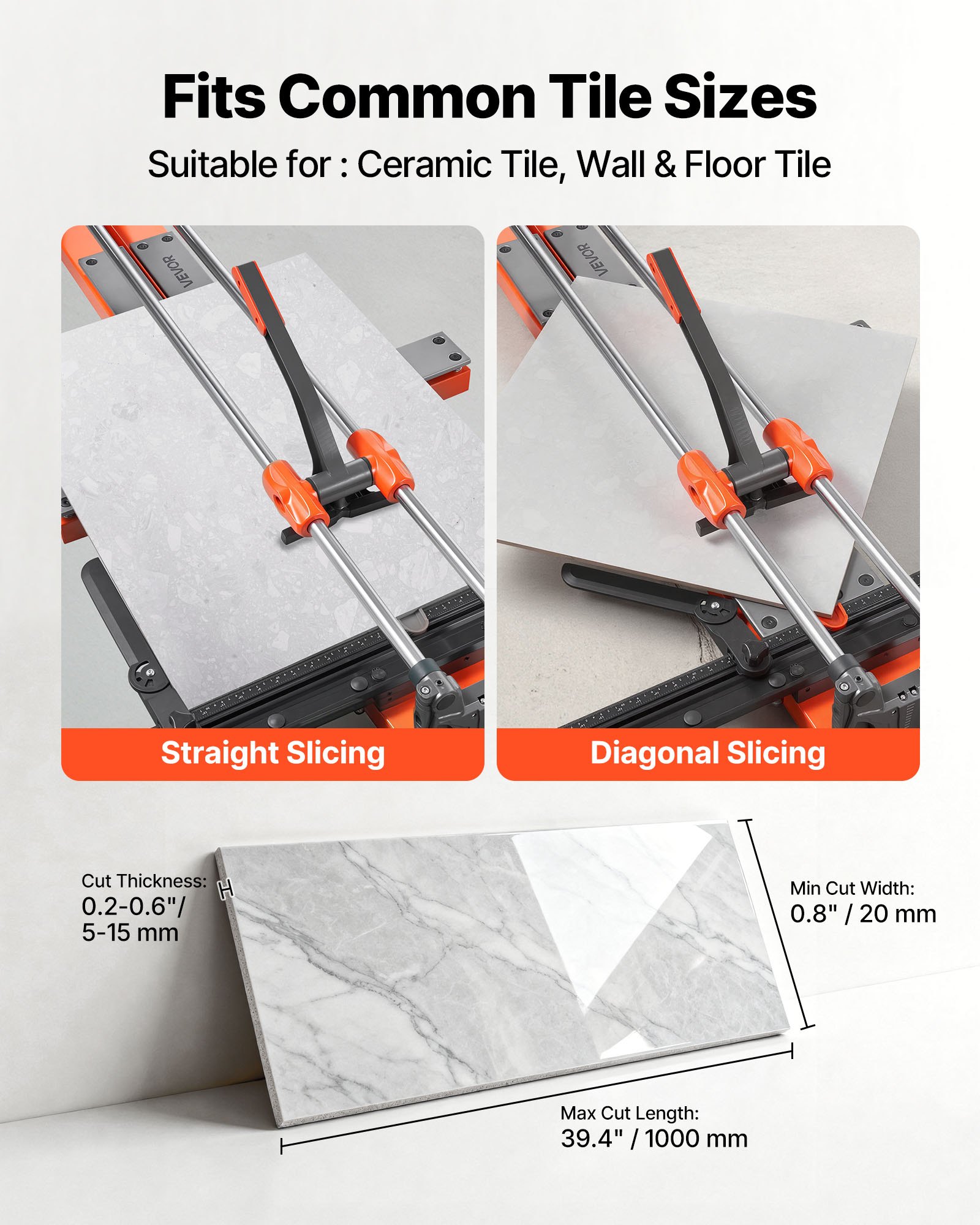 VEVOR 1000 mm Manual Tile Cutter, Upgraded Sliding Head Cutting Tool with Spring-Loaded Base, Angle Fence, Tungsten Carbide Cutting Wheel, Alignment Guide, for DIY Pros, Ceramic, Floor & Wall Tiles