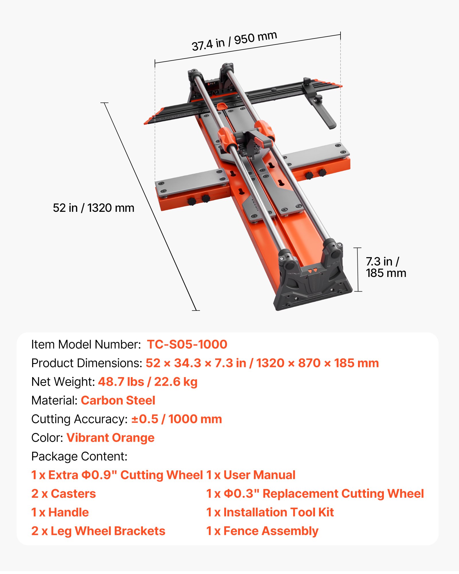 VEVOR 1000 mm Manual Tile Cutter, Upgraded Sliding Head Cutting Tool with Spring-Loaded Base, Angle Fence, Tungsten Carbide Cutting Wheel, Alignment Guide, for DIY Pros, Ceramic, Floor & Wall Tiles