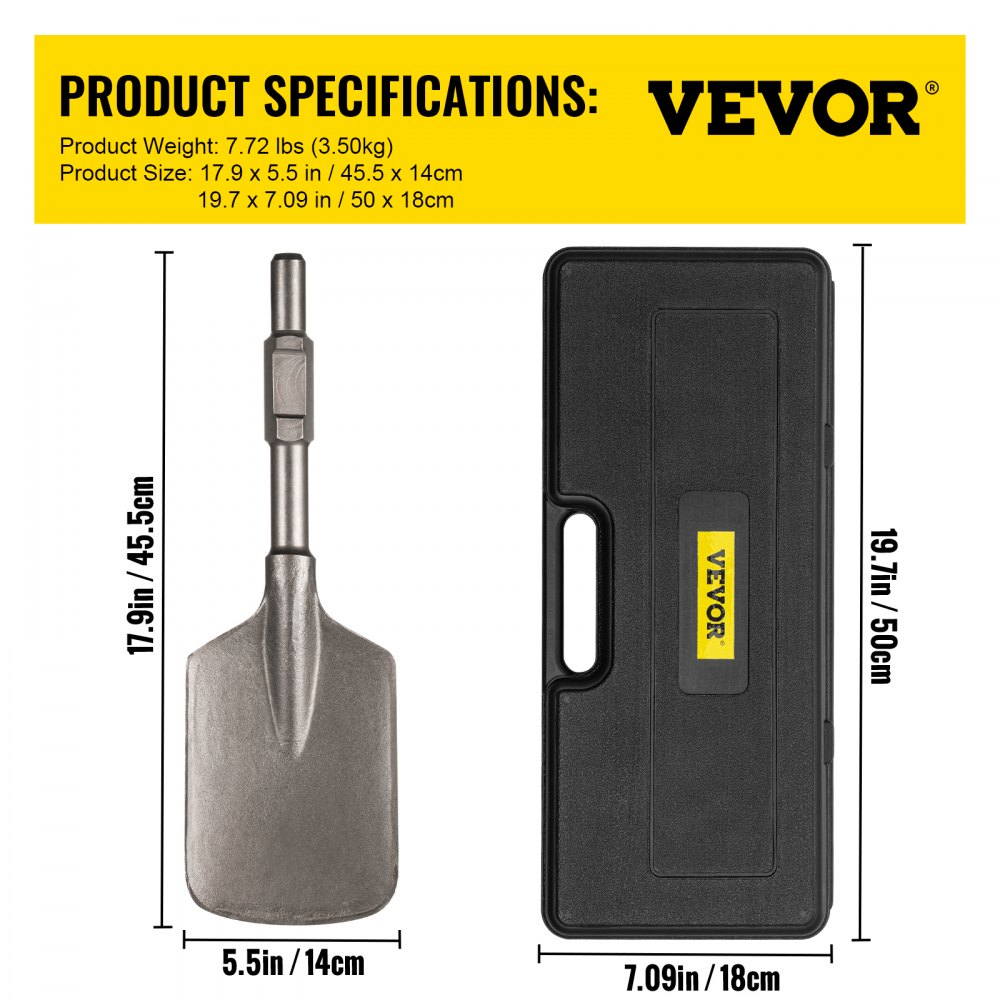 VEVOR Clay Spade, 17.9' x 5.5' 1-1/8' Hex Shank, 40Cr Steel Jackhammer Bit for Electric Demolition Jack Hammer Carrying Case, Trenching and Digging Shovel Bit for Clay, Gravel, Frozen Soil