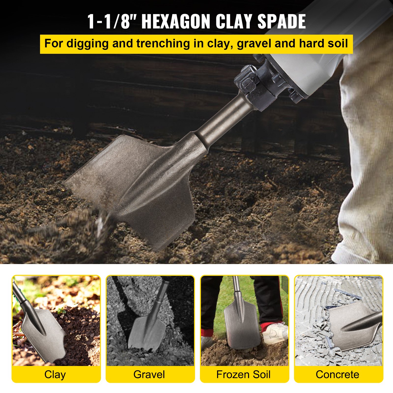 VEVOR Clay Spade, 17.9' x 5.5' 1-1/8' Hex Shank, 40Cr Steel Jackhammer Bit for Electric Demolition Jack Hammer Carrying Case, Trenching and Digging Shovel Bit for Clay, Gravel, Frozen Soil