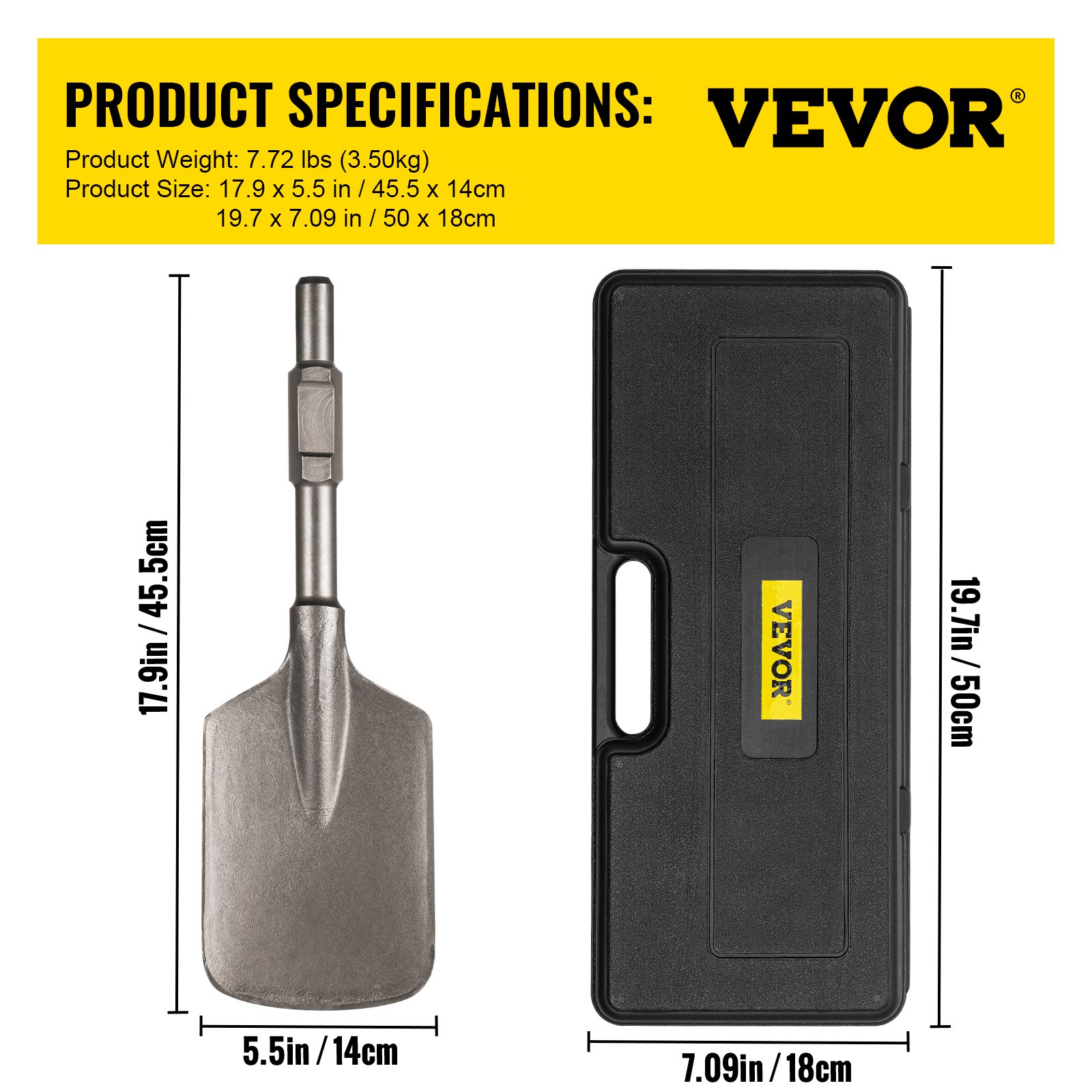 VEVOR Clay Spade, 17.9' x 5.5' 1-1/8' Hex Shank, 40Cr Steel Jackhammer Bit for Electric Demolition Jack Hammer Carrying Case, Trenching and Digging Shovel Bit for Clay, Gravel, Frozen Soil