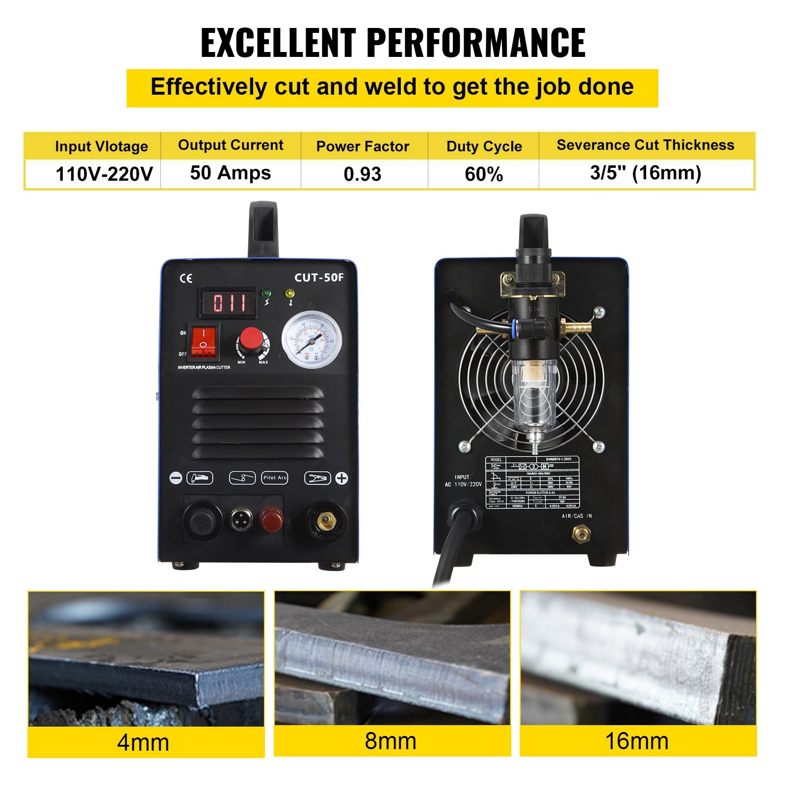 VEVOR 50Amp Non-Touch Pilot Arc Plasma Cutter, 110/220V Dual Voltage Plasma Cutting Machine, Max 1/2 Inch(14MM) Clean Cut, Portable Cutting Machine IGBT Inverter Digital Plasma Cutting Equipment