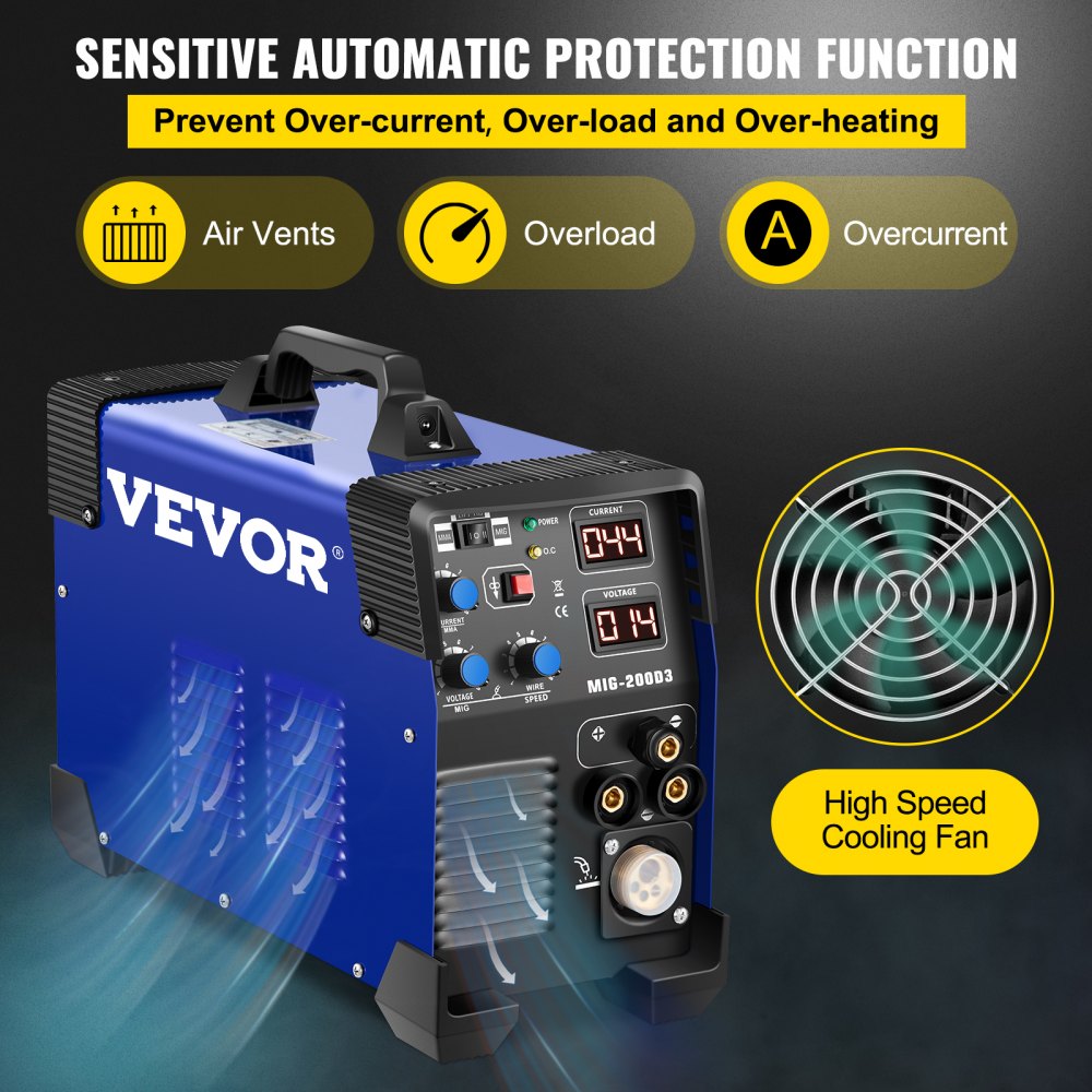 VEVOR MIG Welder, 200 Amp 3 in 1, 220V DC MIG/TIG/Arc Welding Machine, Portable TIG Welder with IGBT Inverter and Digital Display, Lift ARC Welder w/MIG Welder Torch and Cable