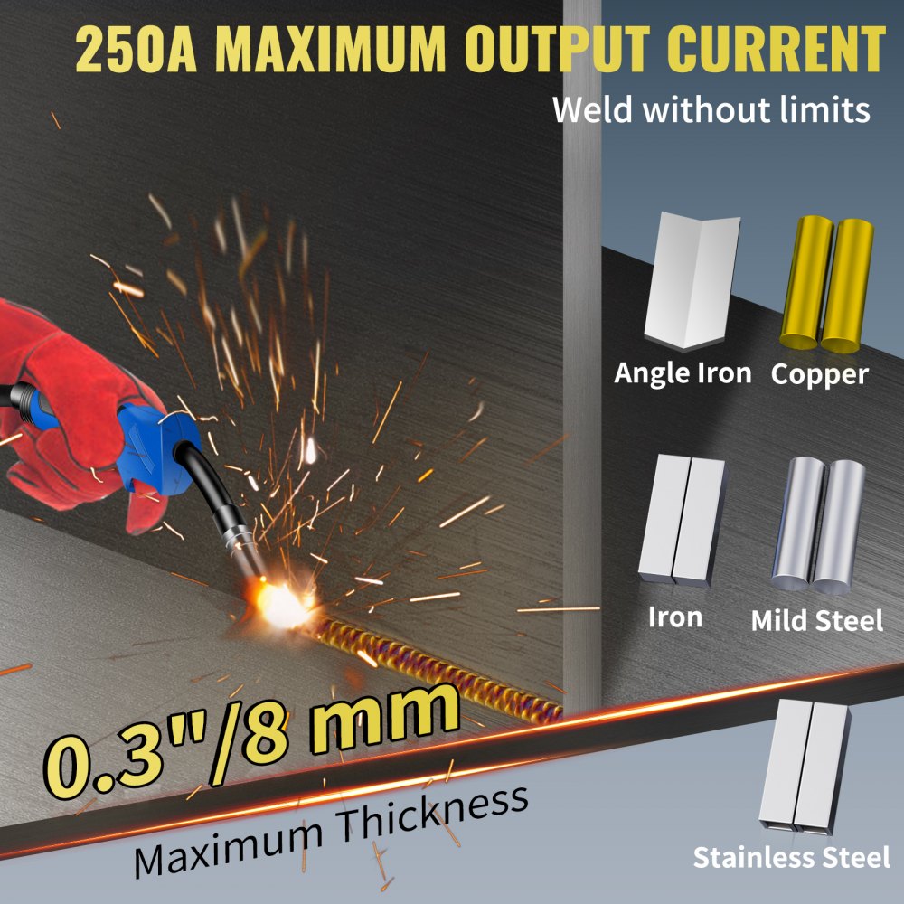 VEVOR 250Amp MIG Welder, Welding Machine 3 in 1, 220V Flux Core/Gas/Solid Wire Welding Machine w/IGBT Inverter & Torch, Digital MIG/Lift TIG/Stick Multiprocess Welder
