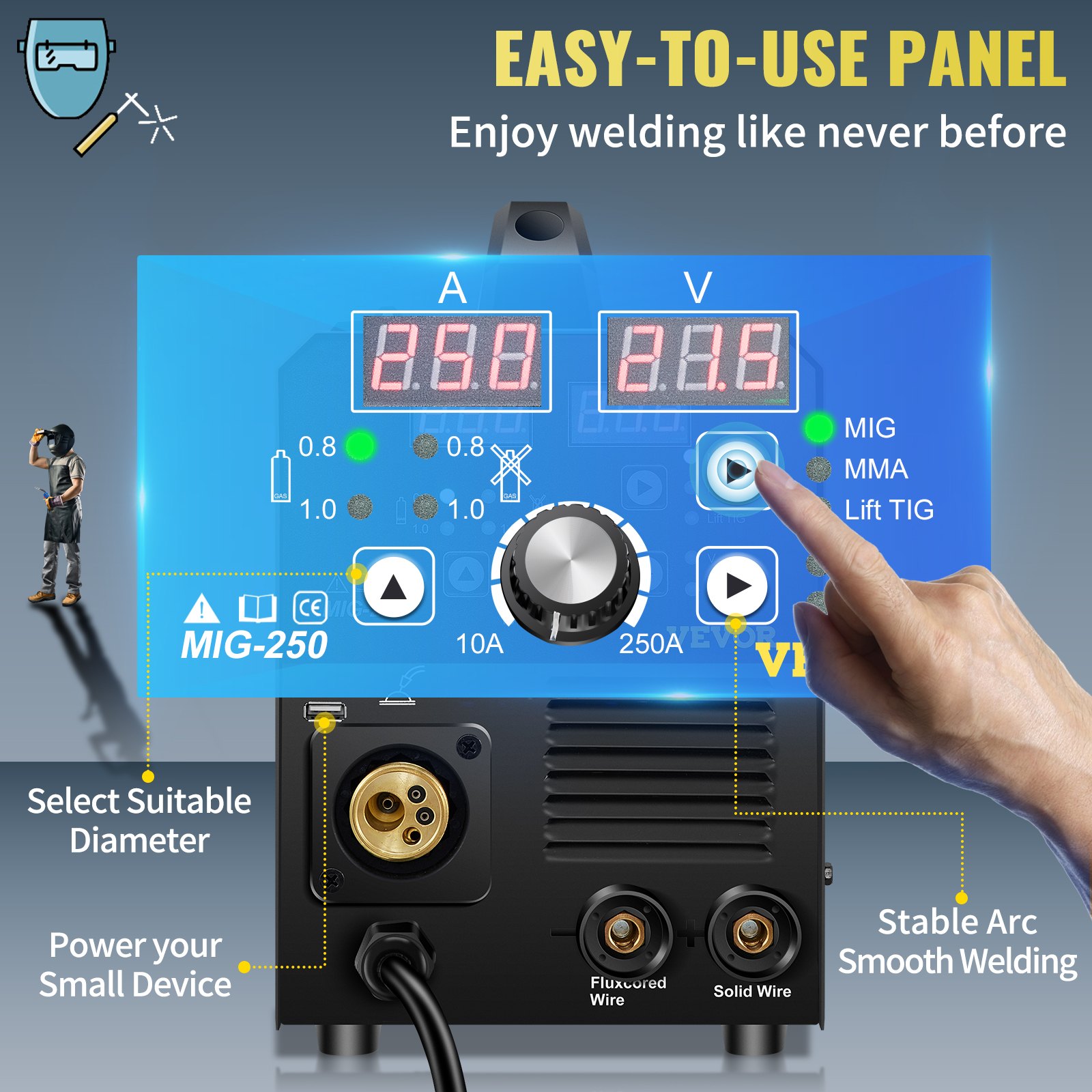 VEVOR 250Amp MIG Welder, Welding Machine 3 in 1, 220V Flux Core/Gas/Solid Wire Welding Machine w/IGBT Inverter & Torch, Digital MIG/Lift TIG/Stick Multiprocess Welder