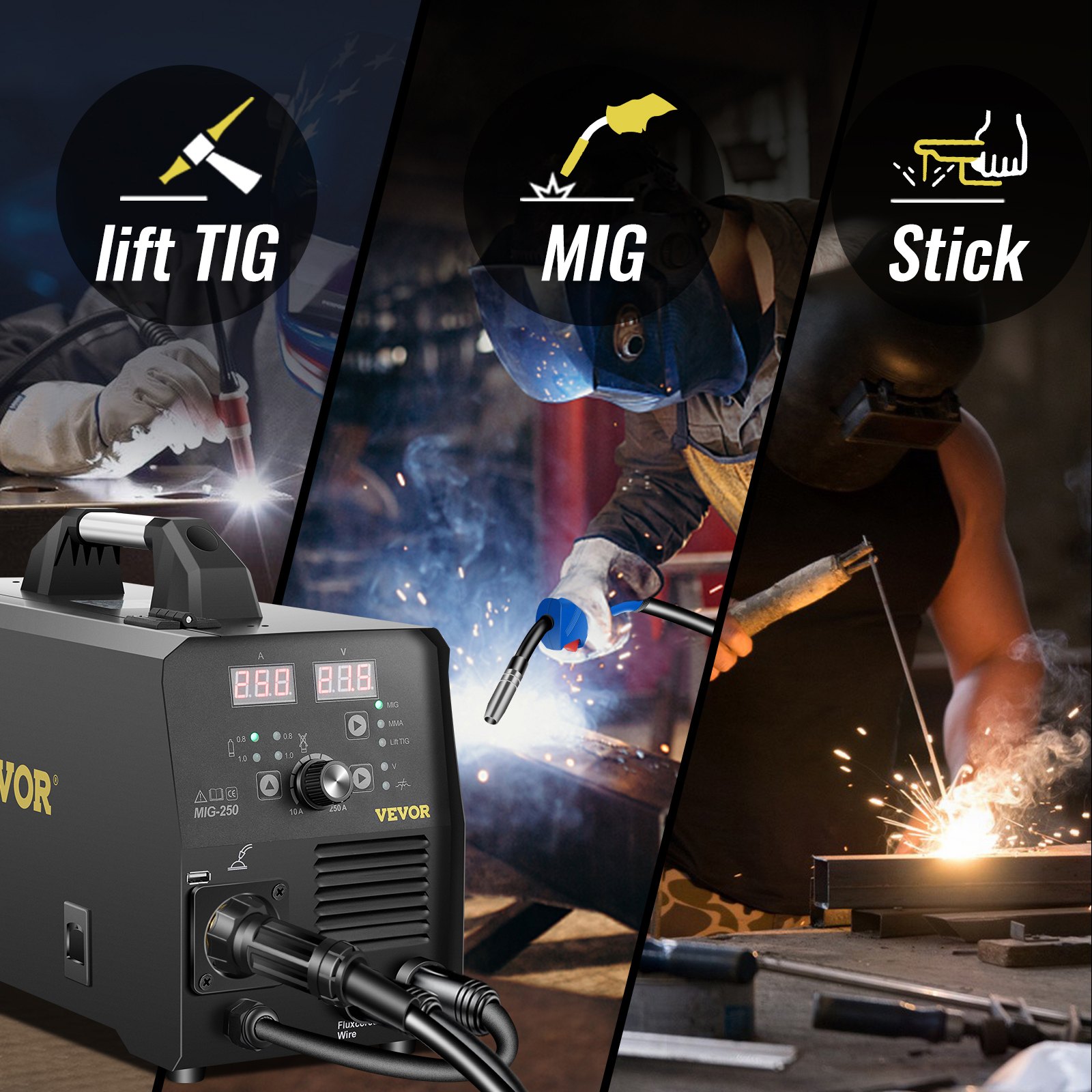 VEVOR 250Amp MIG Welder, Welding Machine 3 in 1, 220V Flux Core/Gas/Solid Wire Welding Machine w/IGBT Inverter & Torch, Digital MIG/Lift TIG/Stick Multiprocess Welder