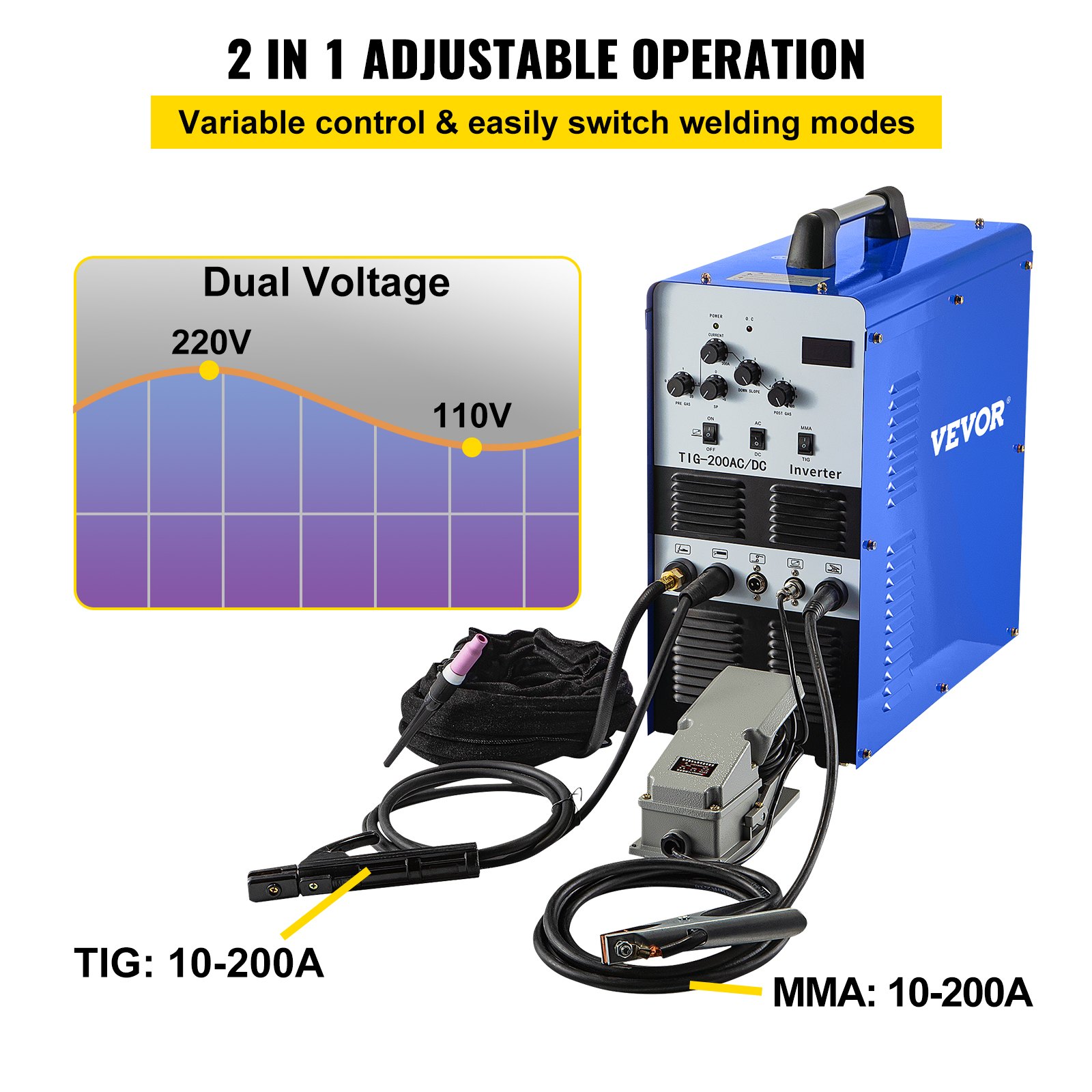 VEVOR TIG-200 AC/DC Aluminium Welder 200A IGBT Inverter Welding Machine Inverter ARC MMA Welding Machine 200A with Foot Pedal