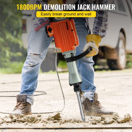 VEVOR Demolition Jack Hammer 3600W Jack Hammer Concrete Breaker 1800 BPM Heavy Duty Electric Jack Hammer 6pcs Chisels Bit w/Gloves & 360°Swiveling Front Handle for Trenching, Chipping, Breaking Holes