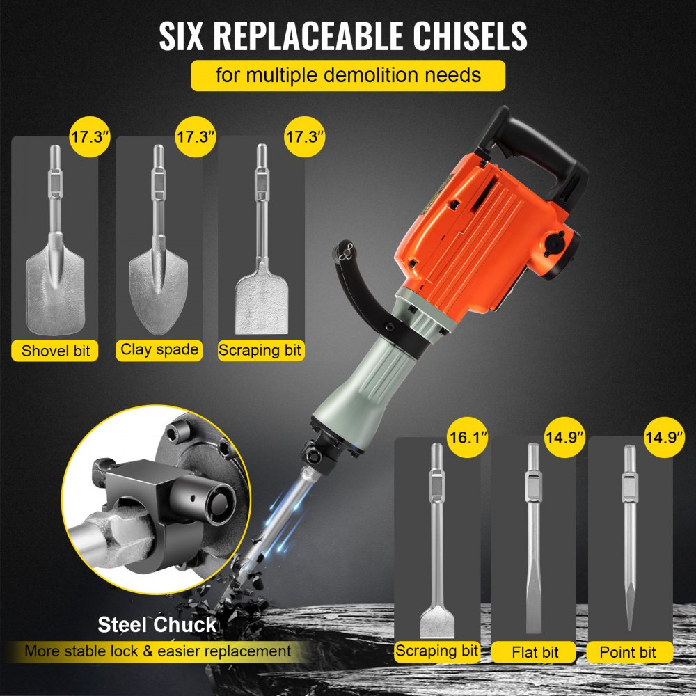 Vevor Demolition Jack Hammer Concrete Breaker2200welectric Hammer6 Chisel Bit