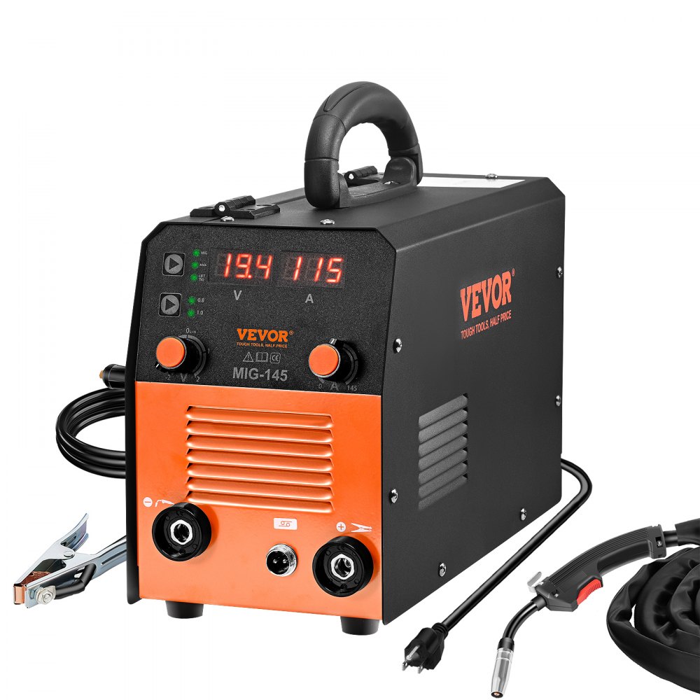 VEVOR 145amp mig welder with digital display, control knobs, cables, and handle against white backdrop.