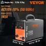 VEVOR 145amp mig welder with ac110v input and 145a output, weighs 11.7 lbs, with dimensions 14.2 x 6.3 x 11.4 in.