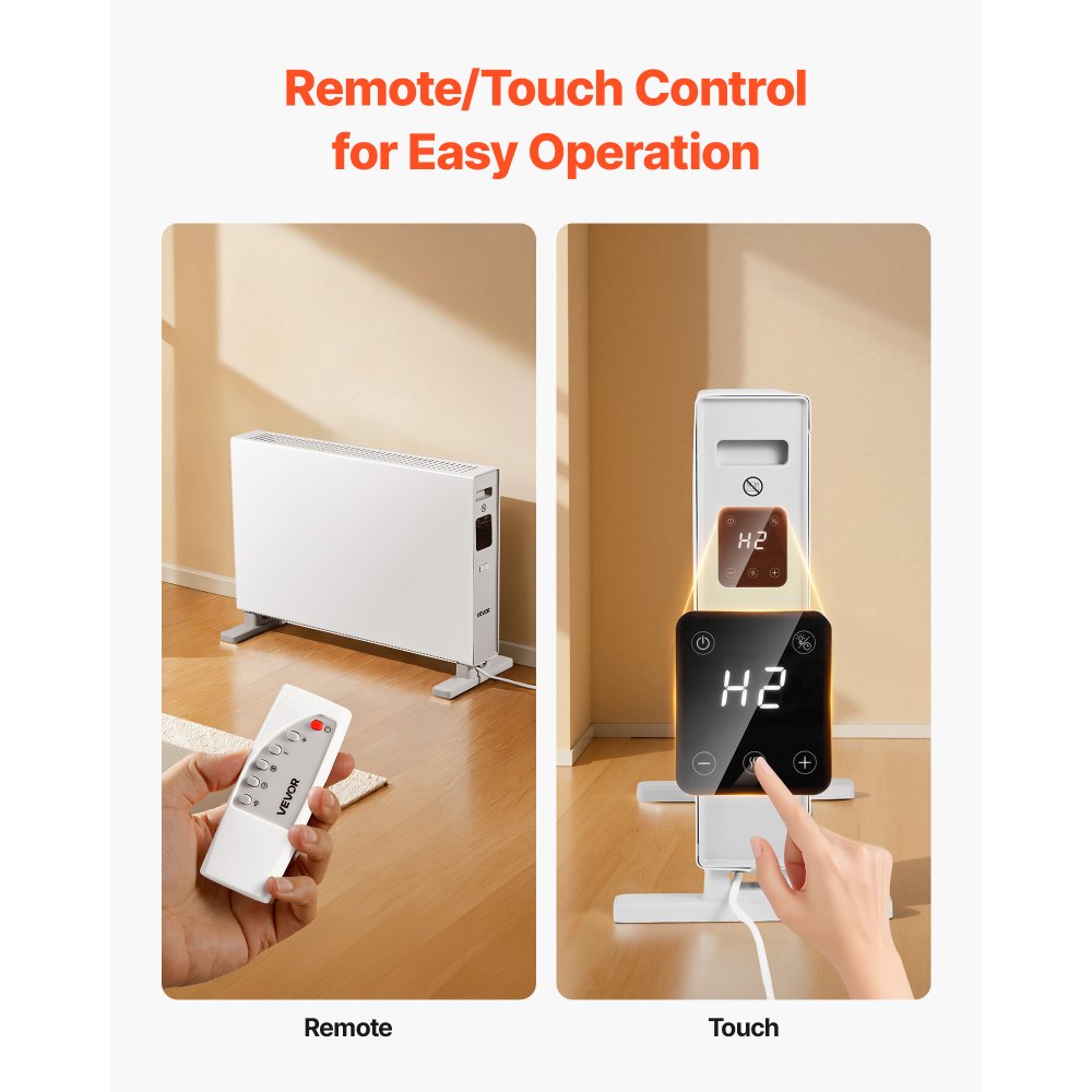 Calefactor de convección VEVOR, calefactor eléctrico de 1500 W con control remoto y táctil, 3 modos, temporizador de 24 horas, diseño de soporte o montaje en pared con protección antivuelco y contra sobrecalentamiento para el hogar y la oficina.