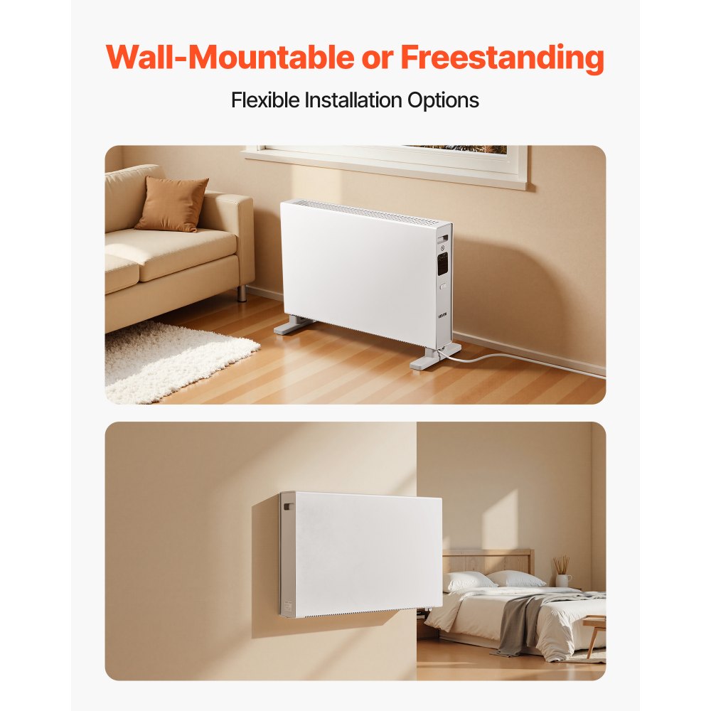 Calefactor de convección VEVOR, calefactor eléctrico de 1500 W con control remoto y táctil, 3 modos, temporizador de 24 horas, diseño de soporte o montaje en pared con protección antivuelco y contra sobrecalentamiento para el hogar y la oficina.