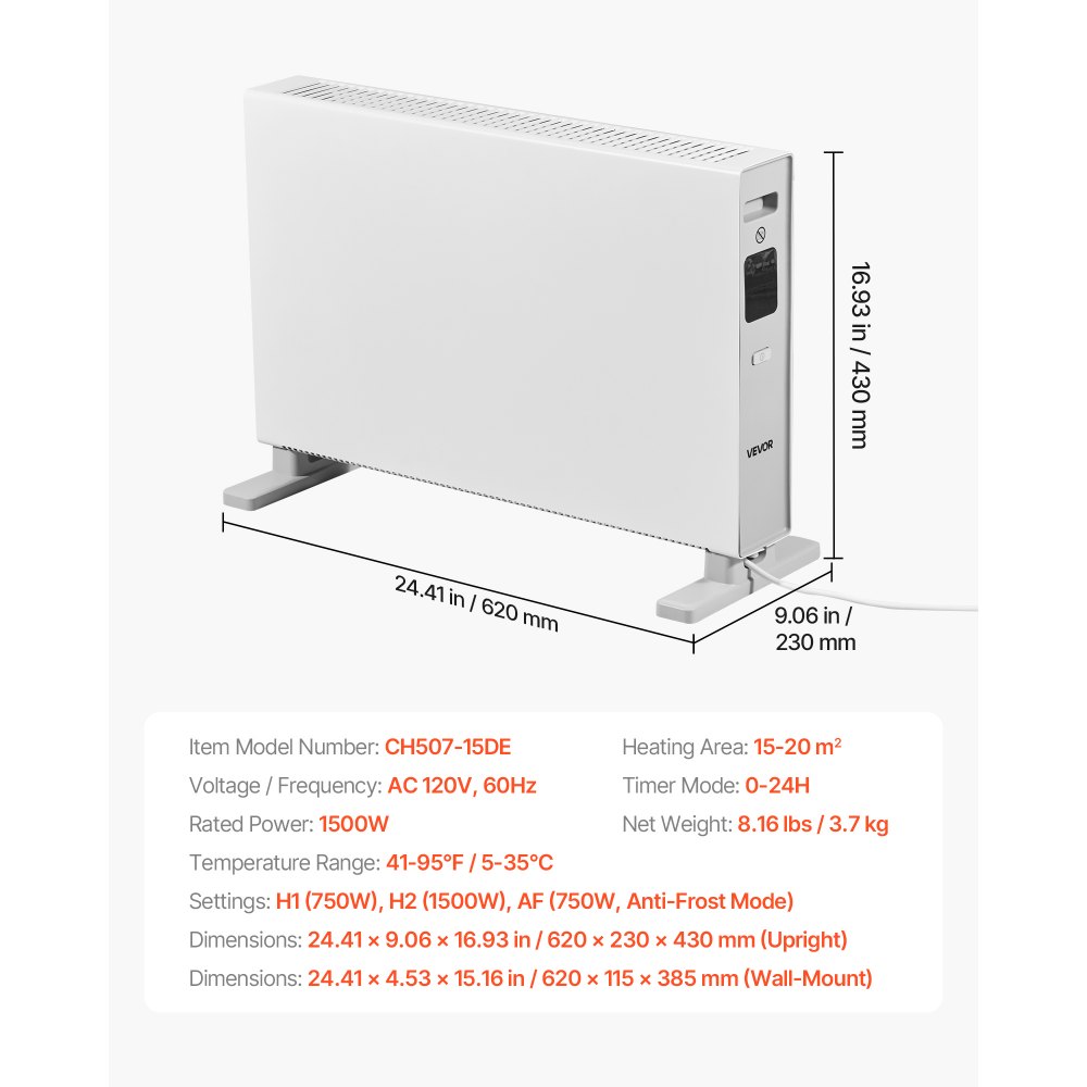 Calefactor de convección VEVOR, calefactor eléctrico de 1500 W con control remoto y táctil, 3 modos, temporizador de 24 horas, diseño de soporte o montaje en pared con protección antivuelco y contra sobrecalentamiento para el hogar y la oficina.
