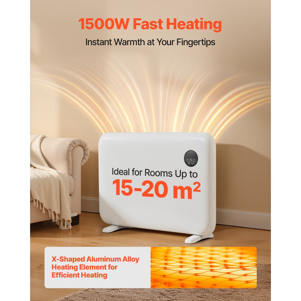Calefactor de convección VEVOR, calefactor eléctrico de 1500 W con control remoto y táctil, diseño portátil para montaje en pared o soporte, con protección antivuelco y contra sobrecalentamiento para el hogar y la oficina, color blanco