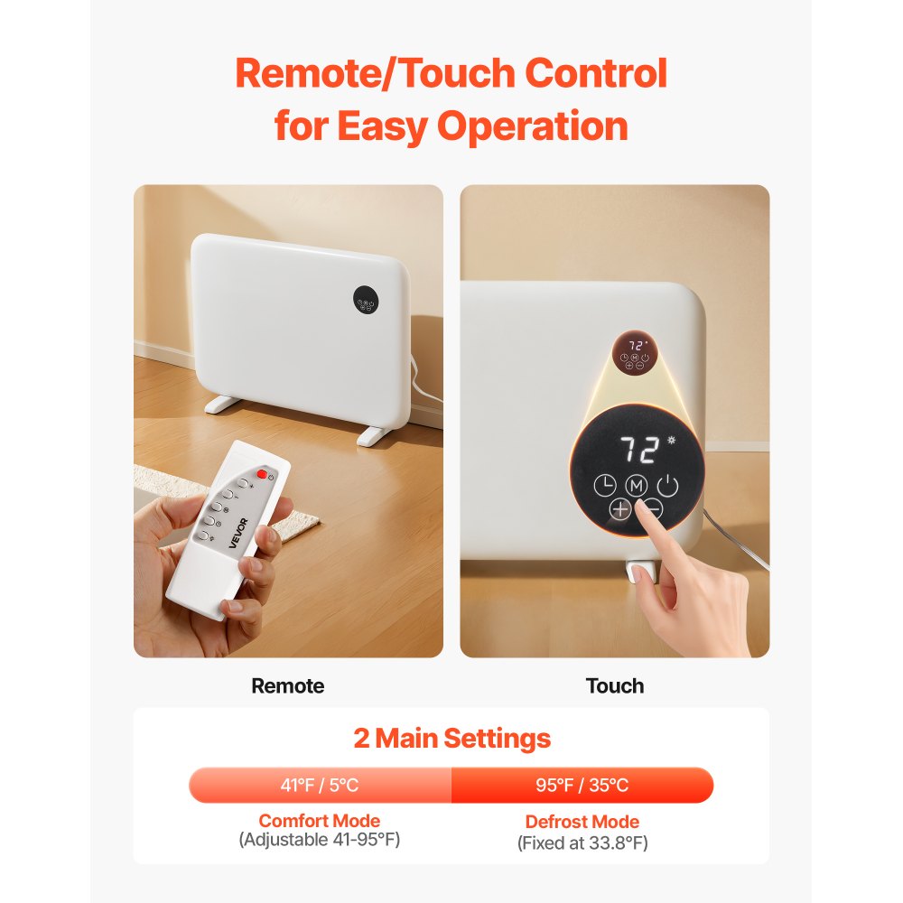 Calefactor de convección VEVOR, calefactor eléctrico de 1500 W con control remoto y táctil, diseño portátil para montaje en pared o soporte, con protección antivuelco y contra sobrecalentamiento para el hogar y la oficina, color blanco