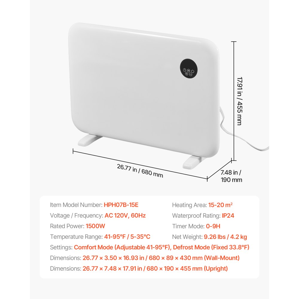 Calefactor de convección VEVOR, calefactor eléctrico de 1500 W con control remoto y táctil, diseño portátil para montaje en pared o soporte, con protección antivuelco y contra sobrecalentamiento para el hogar y la oficina, color blanco