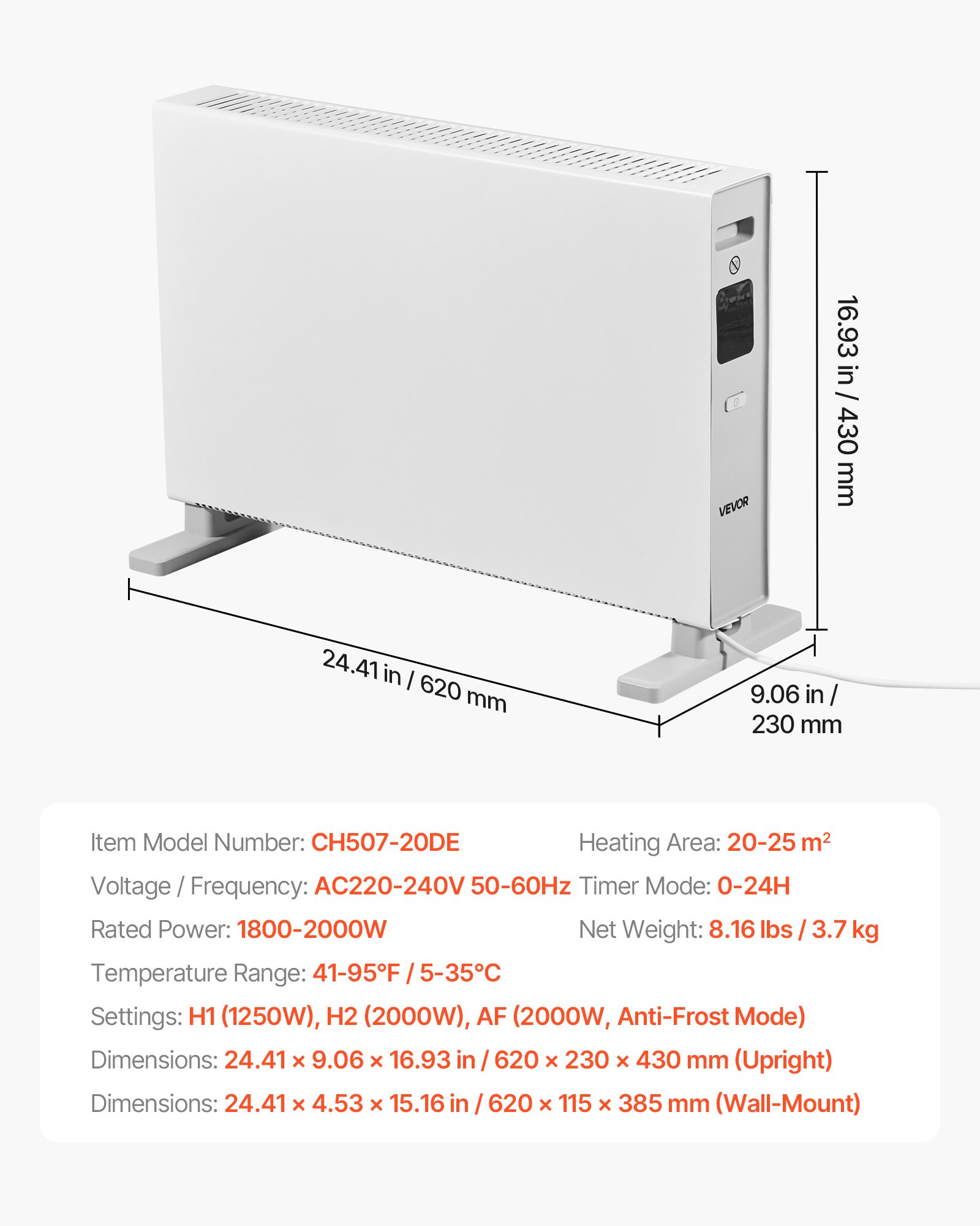 VEVOR Convection Panel Heater, 2000W Electric Panel Space Heater with Remote & Touch Control, 3 Modes, 24H Timer, Stand or Wall Mount Design with Anti-Tipping & Overheat Protection for Home and Office