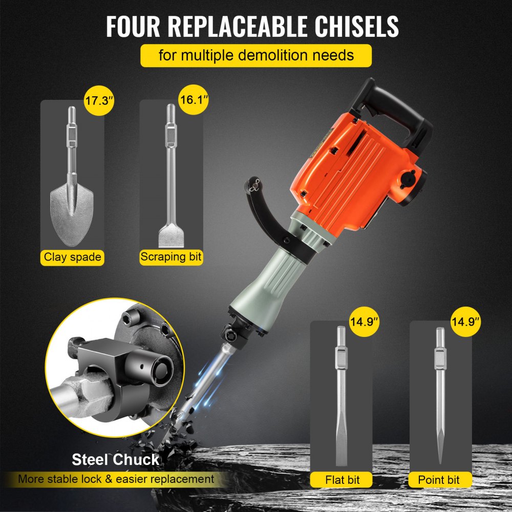 VEVOR Demolition Jack Hammer 3600W Jack Hammer Concrete Breaker 1400 BPM Heavy Duty Electric Jack Hammer 4pcs Chisels Bit w/Gloves & 360°Swiveling Front Handle for Trenching, Chipping, Breaking Holes