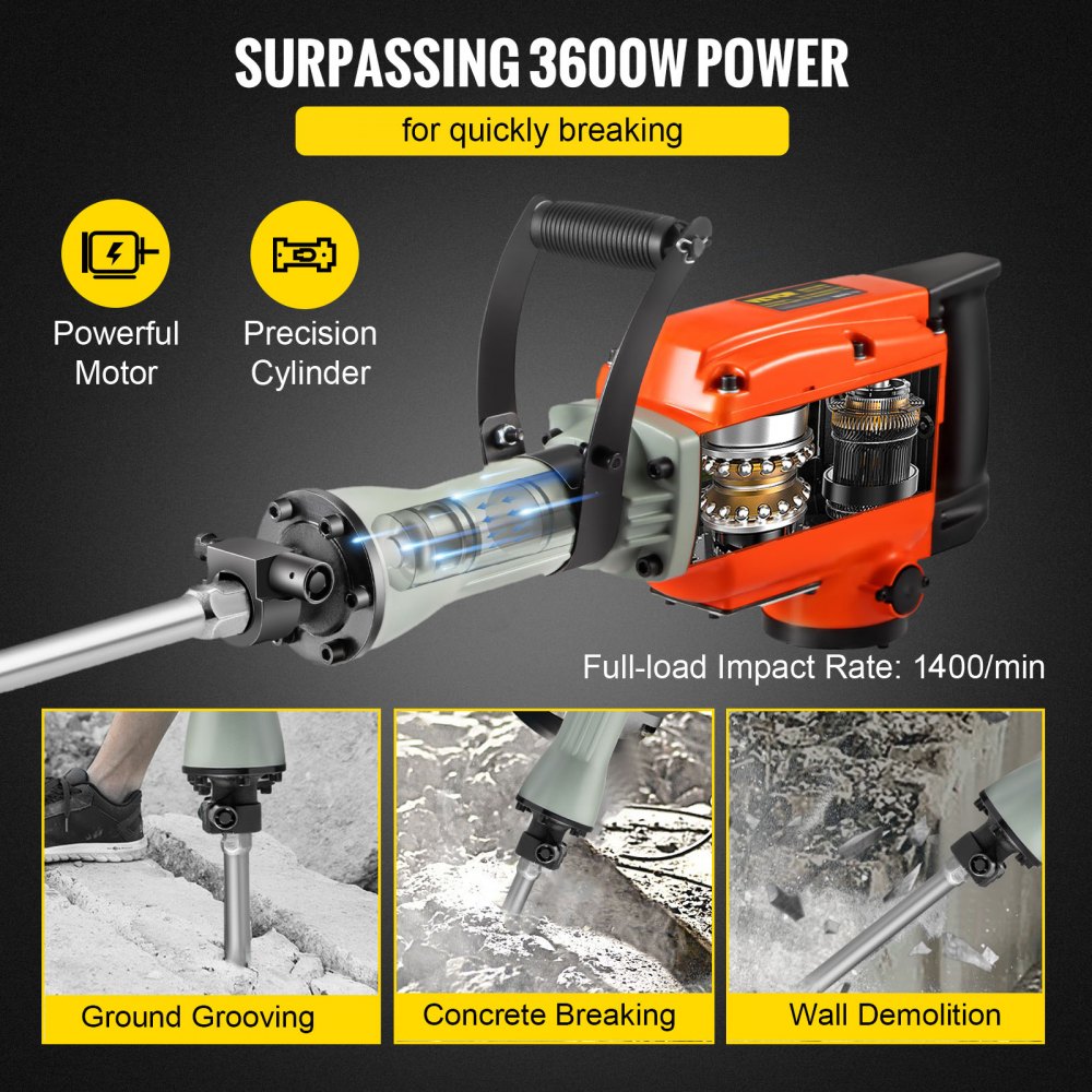 VEVOR Demolition Jack Hammer 3600W Jack Hammer Concrete Breaker 1400 BPM Heavy Duty Electric Jack Hammer 4pcs Chisels Bit w/Gloves & 360°Swiveling Front Handle for Trenching, Chipping, Breaking Holes
